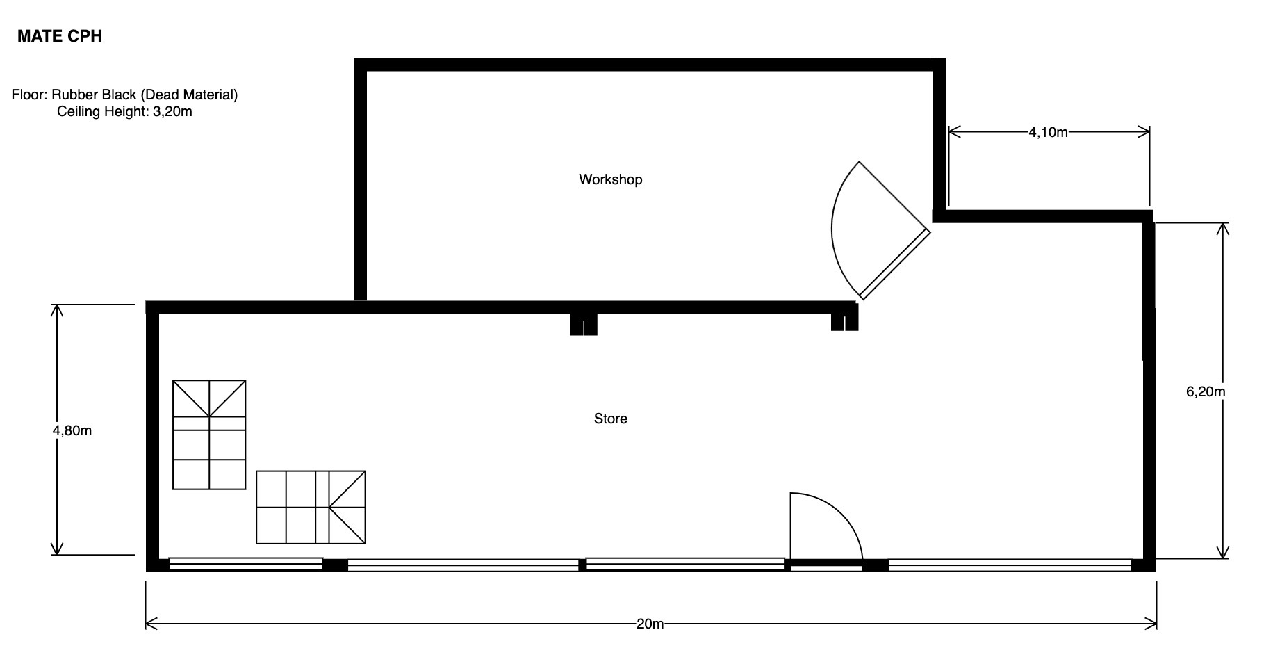 Floor plan drawing showing store and workshop spaces with entry and curved threshold wall