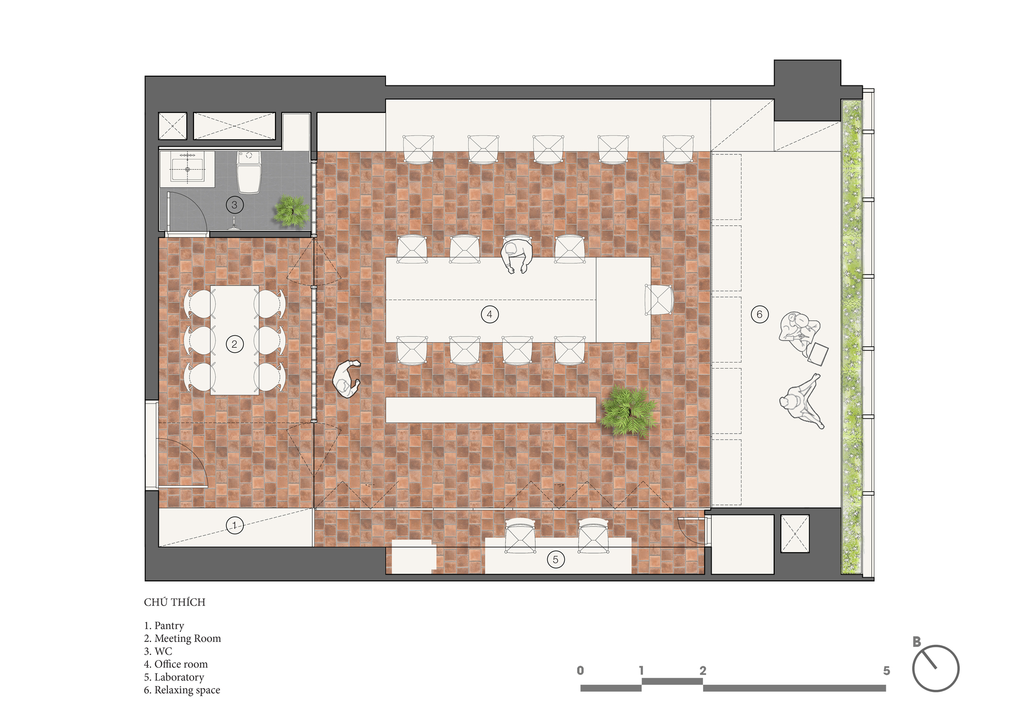 Floor plan showing an open workspace with terracotta tile flooring and central meeting table