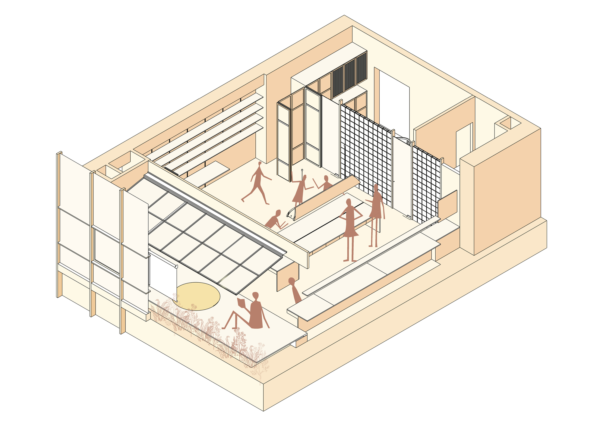 Axonometric drawing illustrating the interior arrangement with glass block partition and figures moving through space