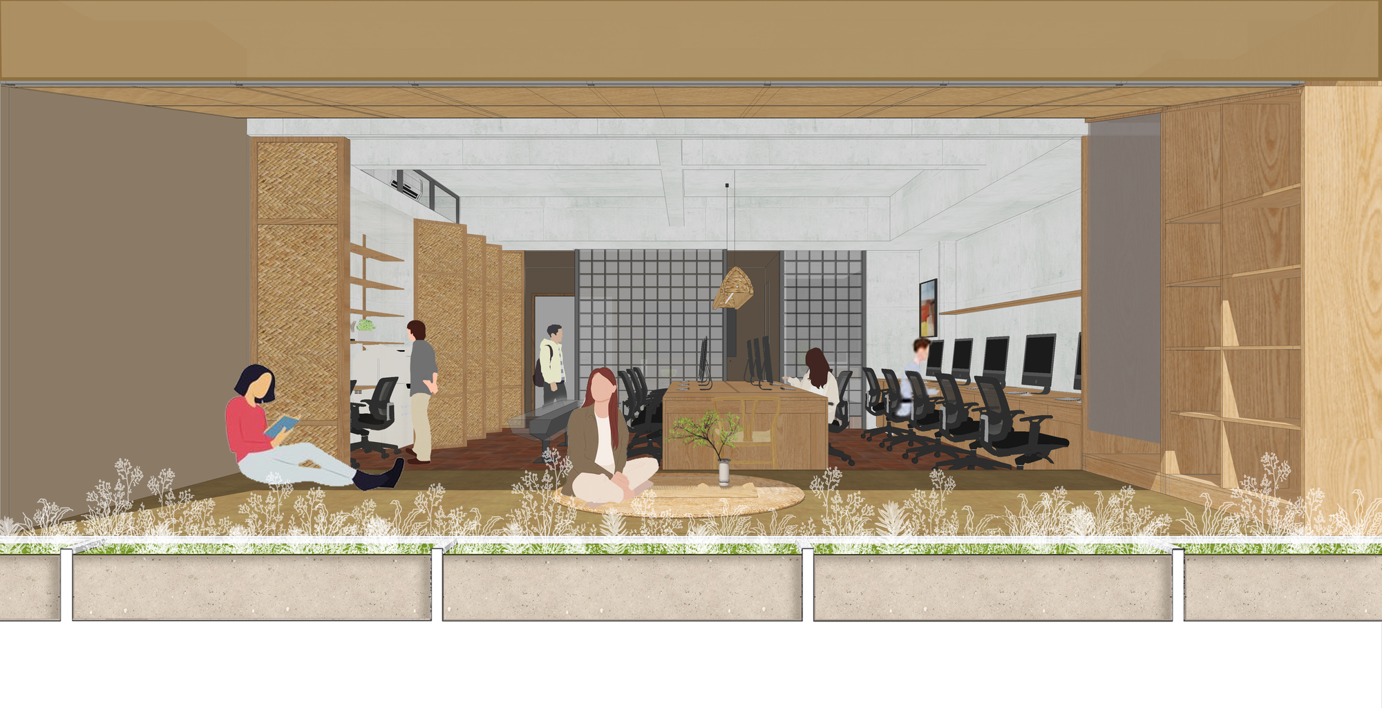 Section perspective with planted terrace in foreground and figures occupying the glass-walled interior workspace