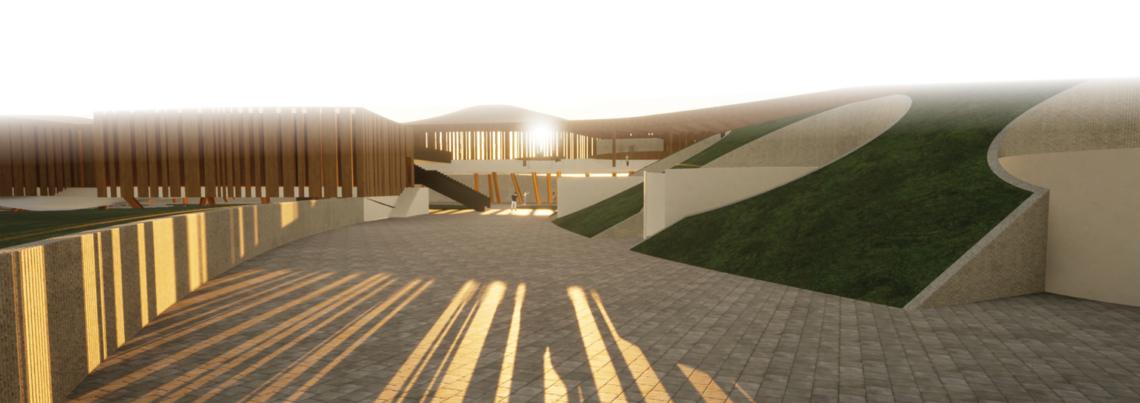 Curved pathways and elevated structures create an immersive transition between nature and built space.