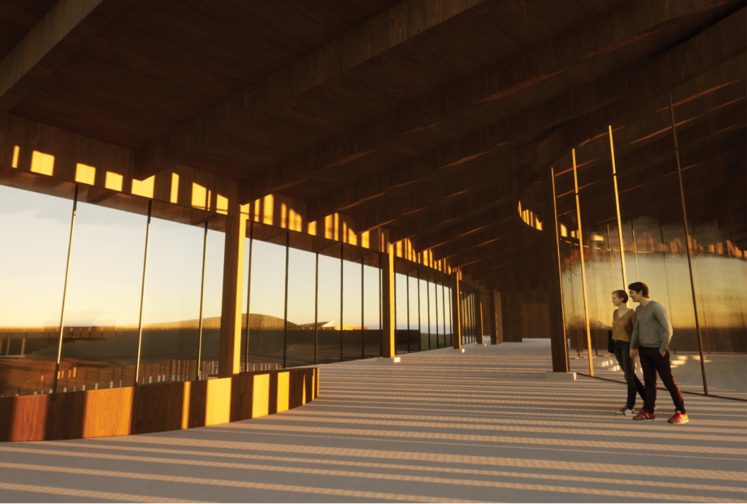 Warm timber interiors frame panoramic landscape views through expansive glass façades.