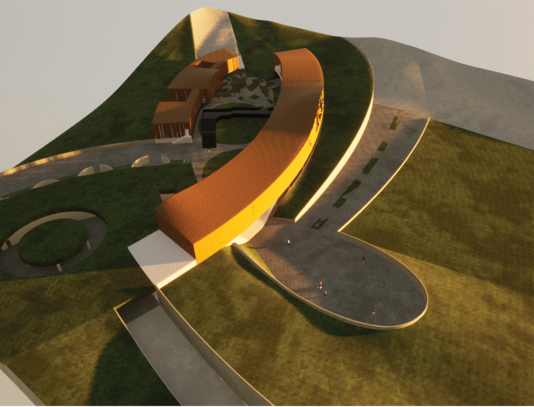 Aerial perspective showcasing the looping architectural form embedded into the terrain.