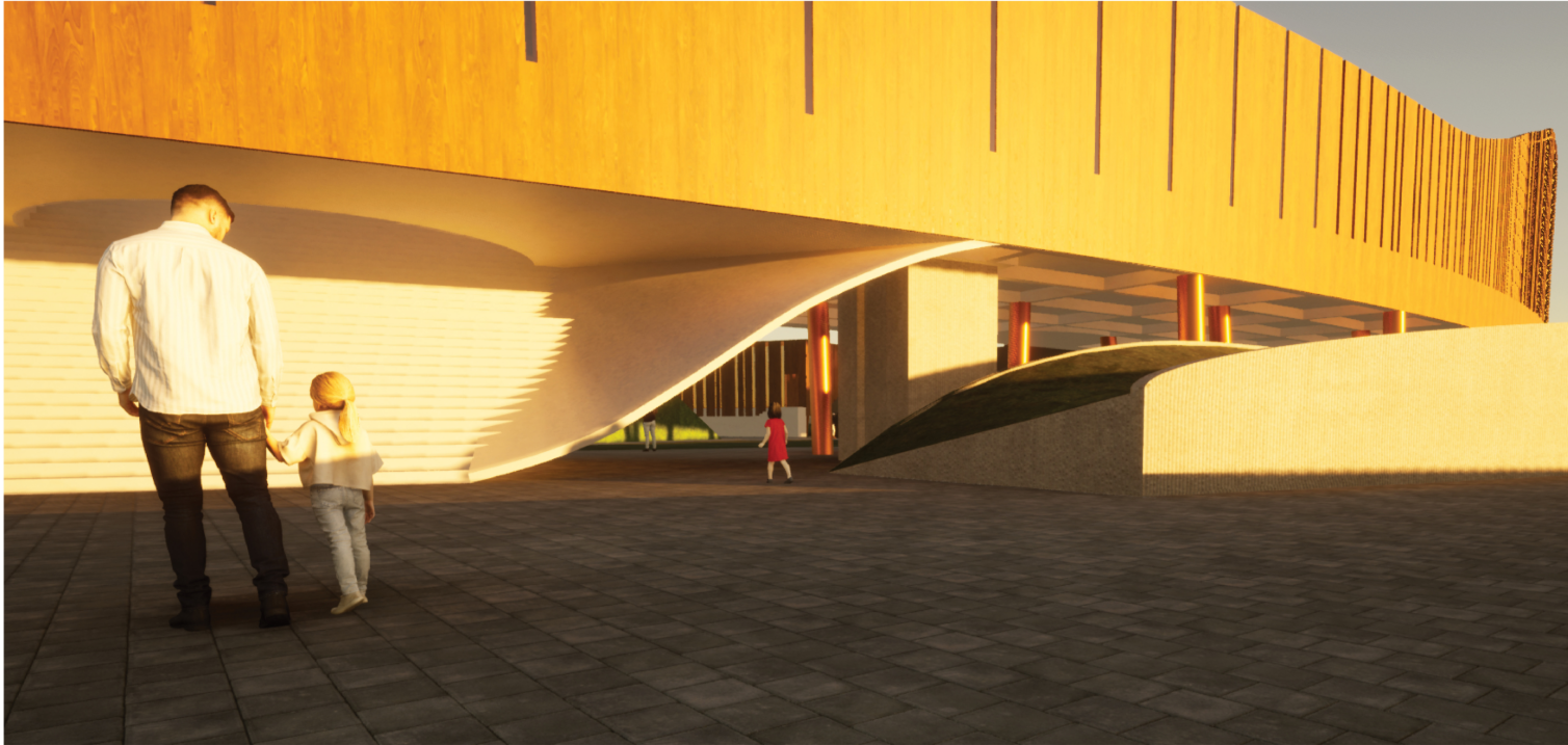 Sculptural undercroft spaces create sheltered public zones beneath the elevated structure.