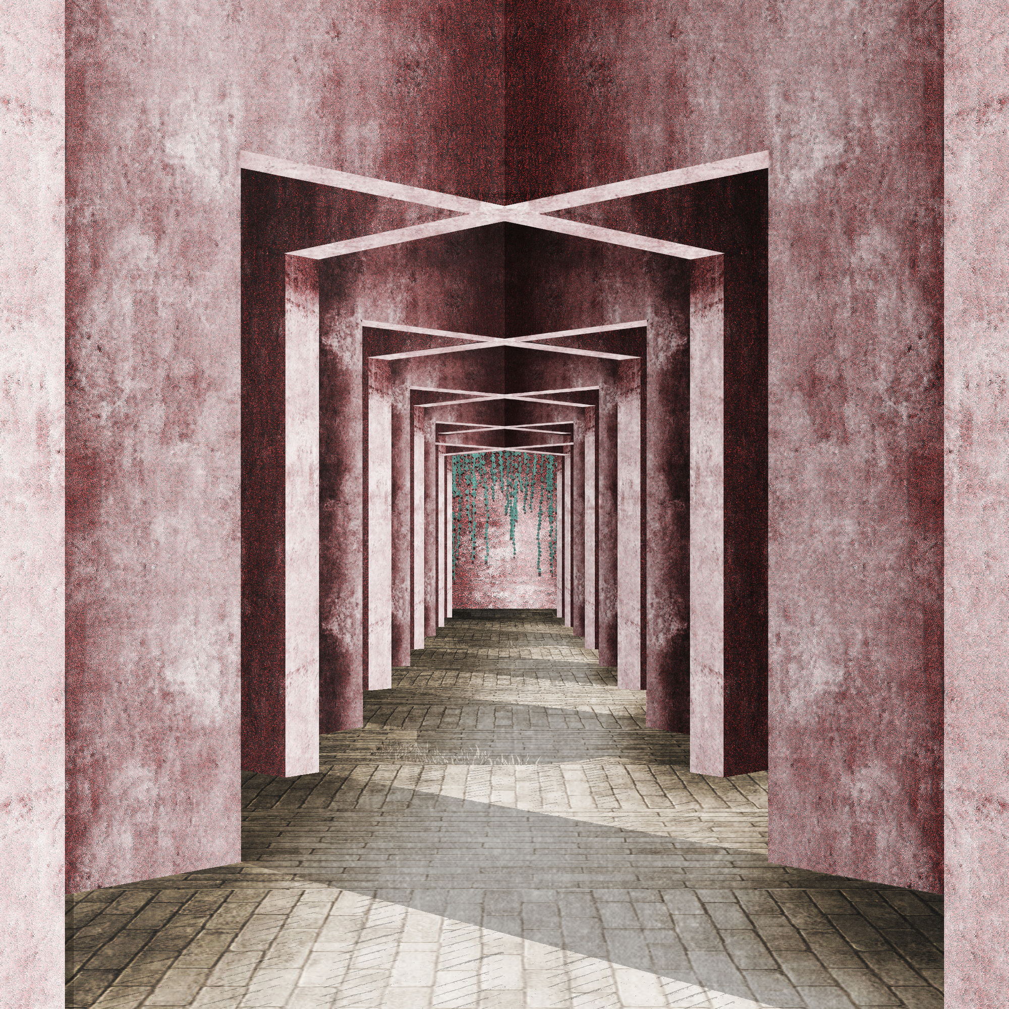 Covered corridor with repeating pink plaster arches and crossed beams over a brick-paved floor