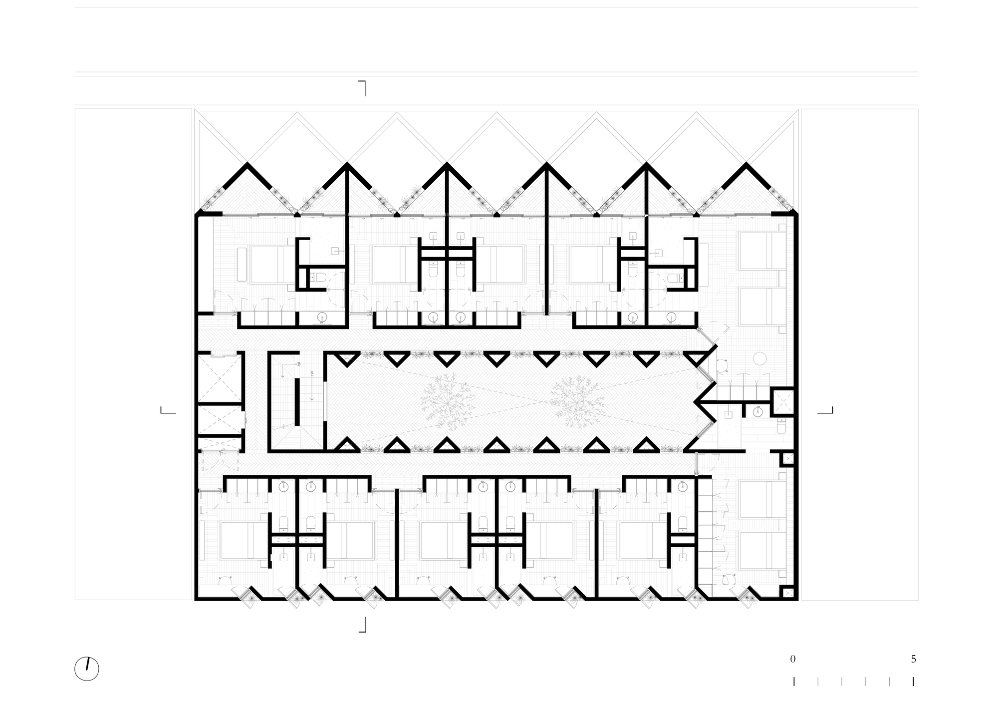 Floor plan drawing showing residential units with sawtooth roofline flanking a central courtyard and circulation corridor