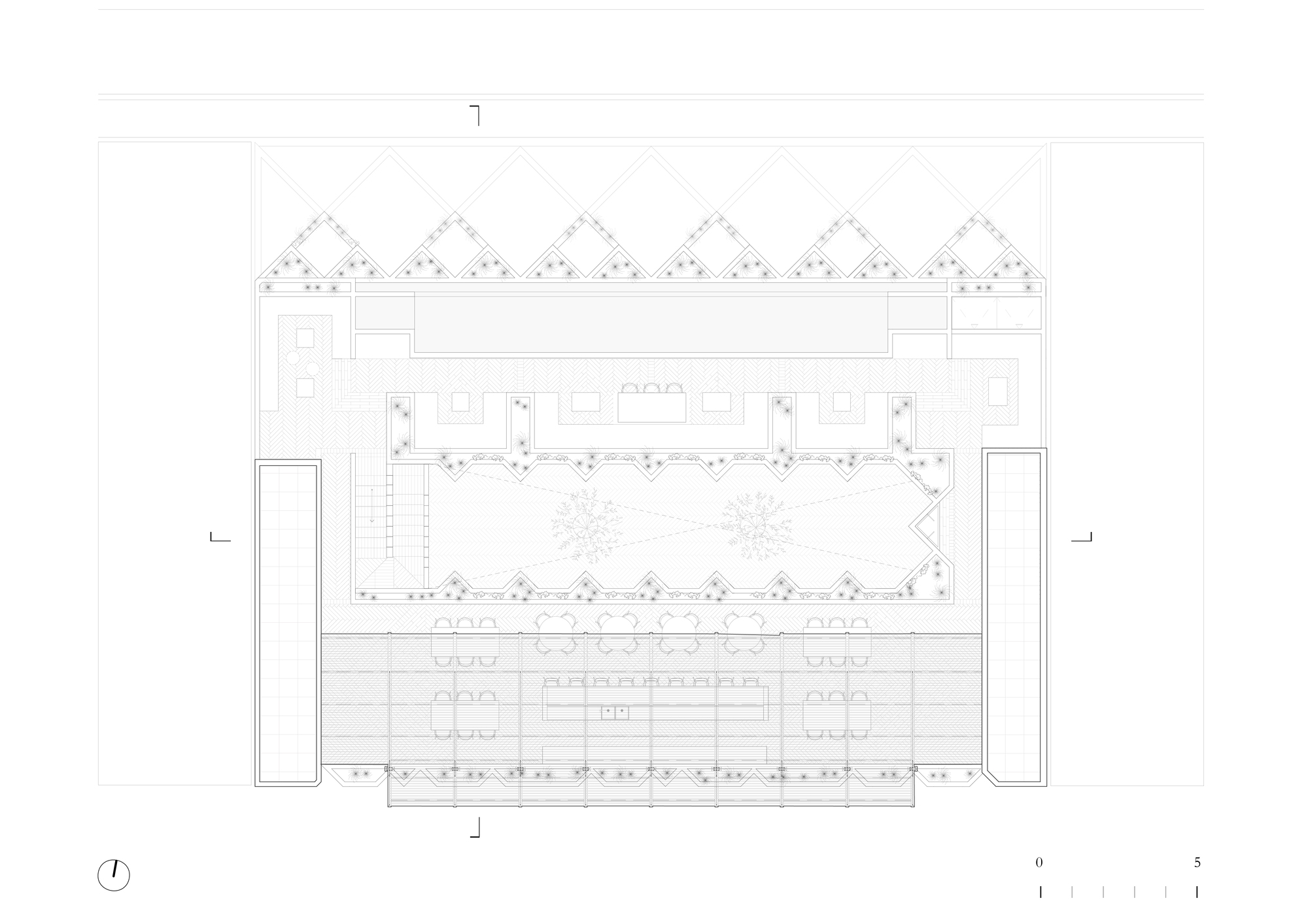 Floor plan drawing showing ground level with sawtooth roofline over central courtyard and flanking service zones