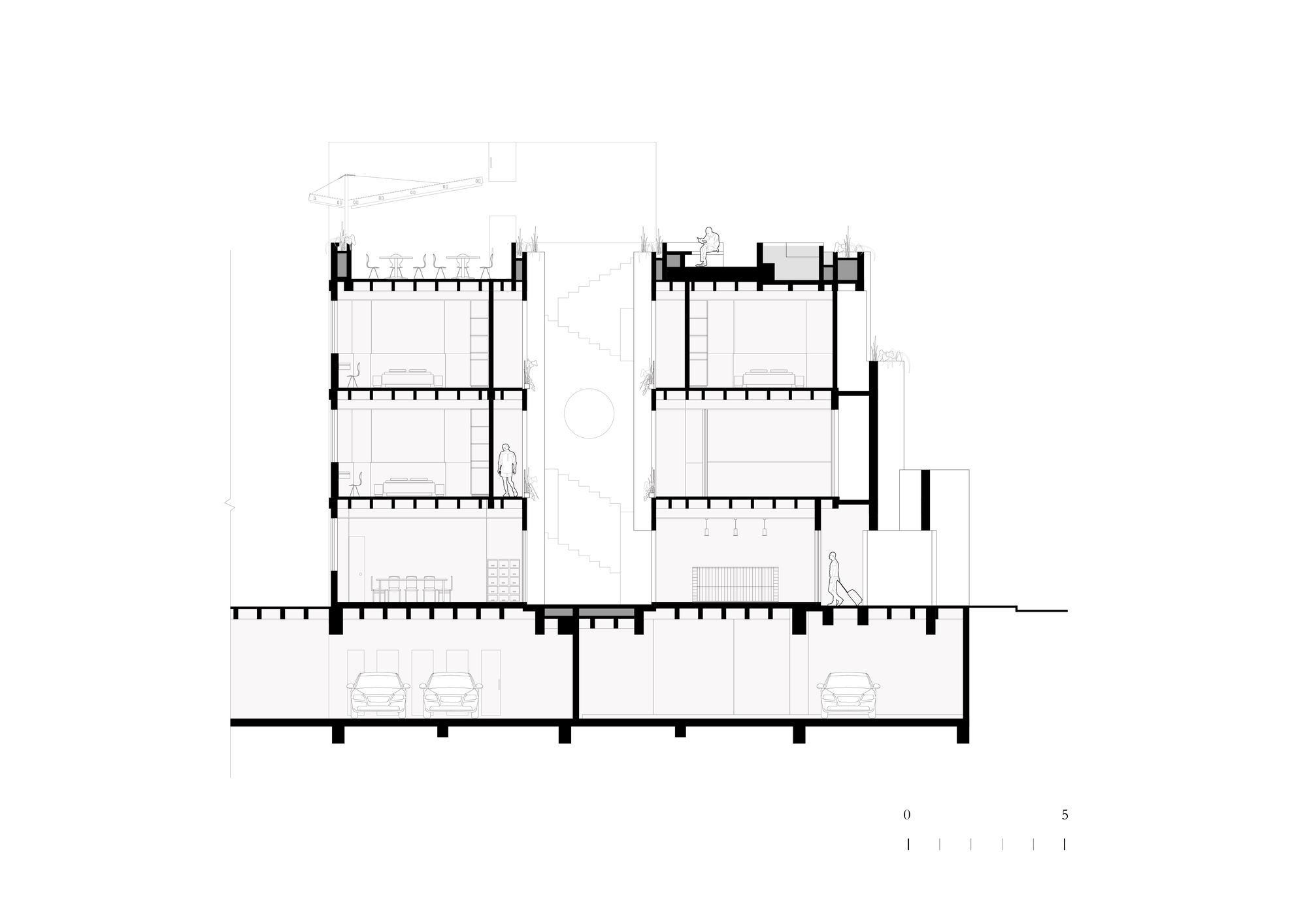 Section drawing showing residential units stacked over a ground-level parking garage with human figures for scale