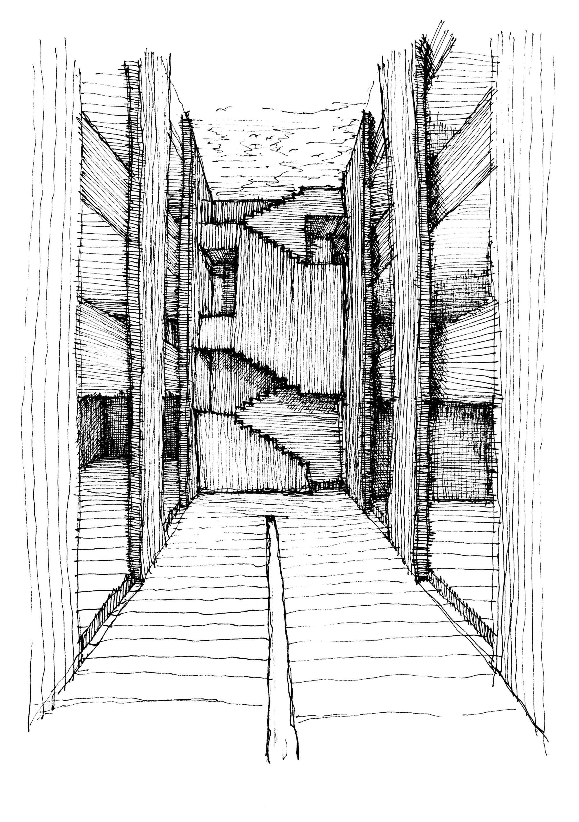 Perspective sketch looking down a narrow passageway framed by vertical timber-clad walls and overhead beams