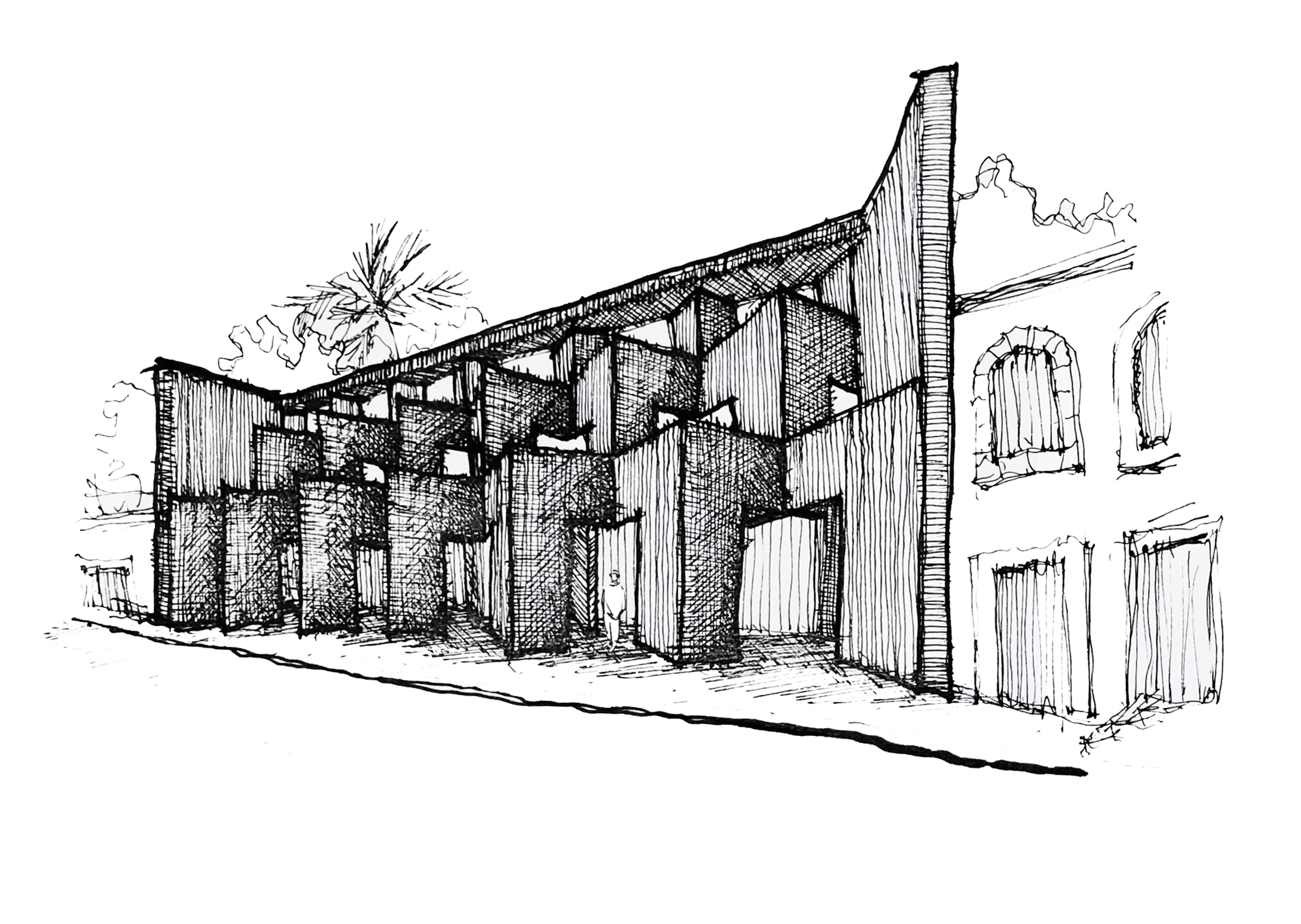 Sketch showing a street view of a timber-clad facade with overhanging roof, adjacent palm tree, and neighboring buildings