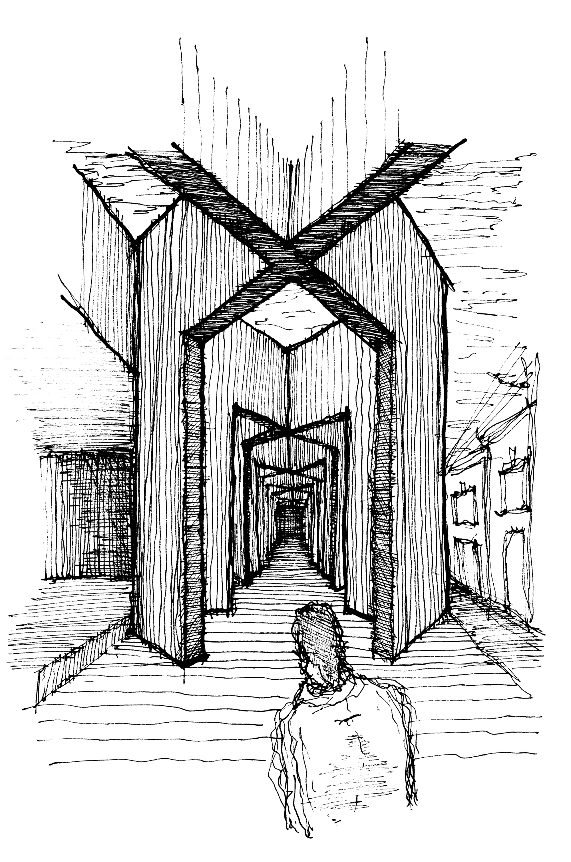 Sketch depicting a tall timber portal with cross-braced structure and two figures walking toward the entrance passage