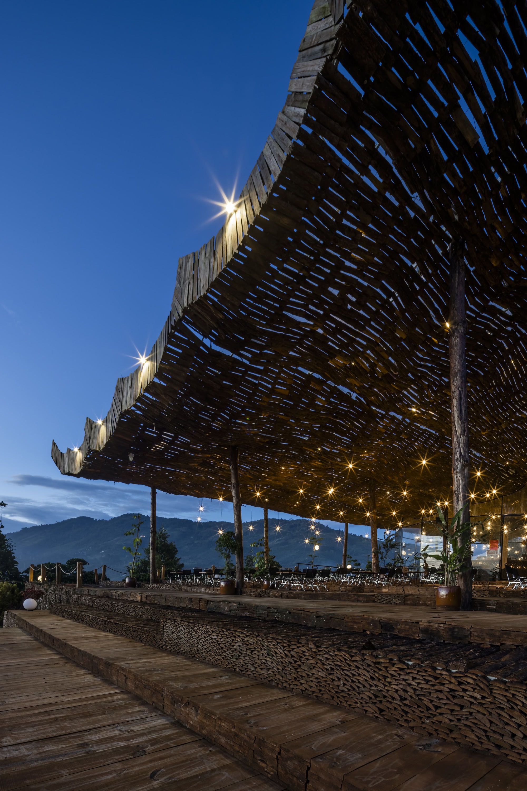 Underside view of the basket-woven timber canopy supported by slender columns at dusk