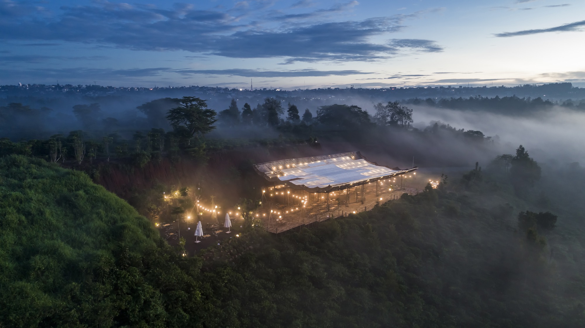 Aerial view of the illuminated canopy structure emerging from dense fog at dawn