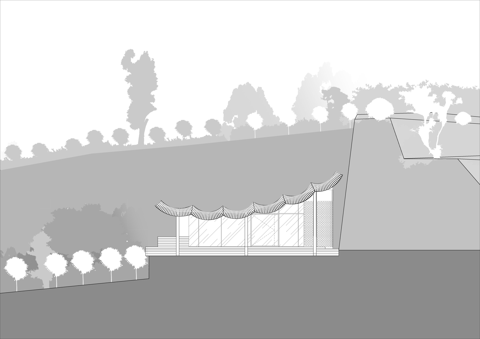 Section drawing showing a terraced building with undulating roof canopies set into sloping landscape with trees