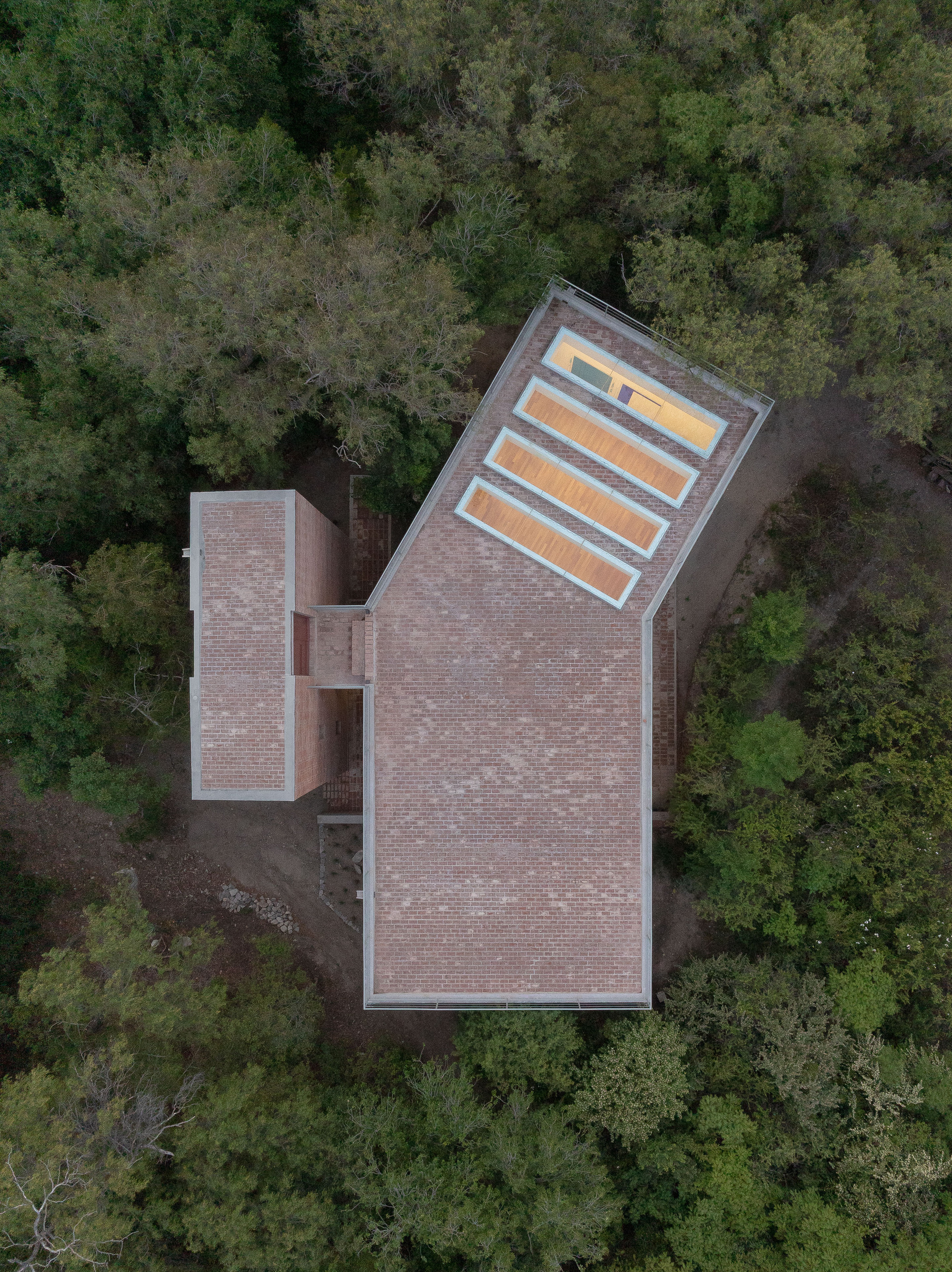 Aerial view of two brick-clad volumes with a slatted skylight nestled in dense tree canopy