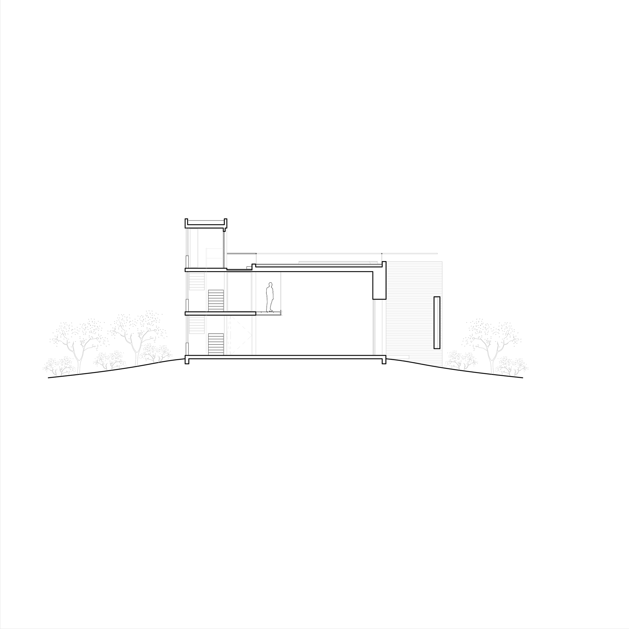 Section drawing revealing a multi-story volume with a vertical tower and sloping site with trees