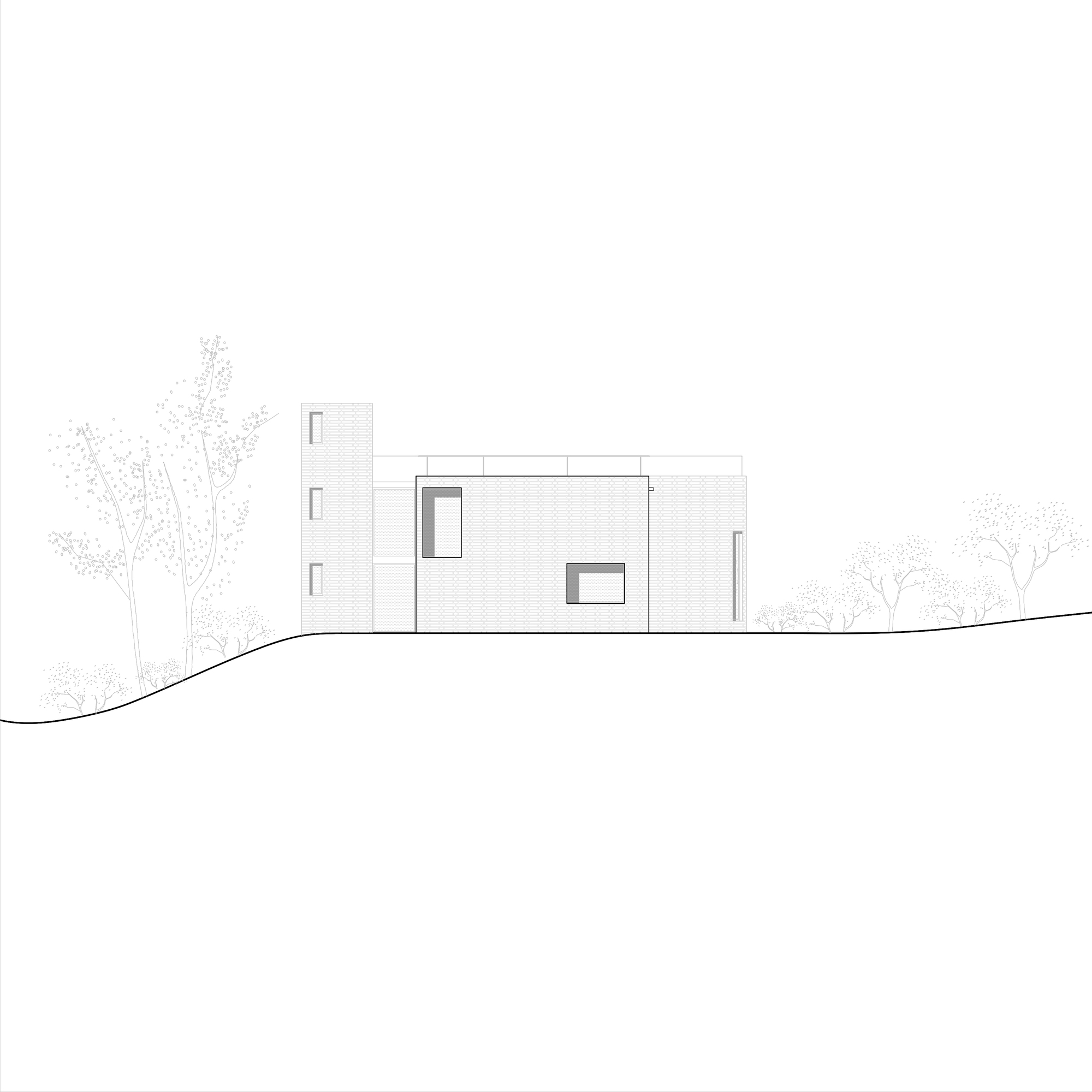 Elevation drawing showing a three-story tower and horizontal volume with framed openings on sloping terrain