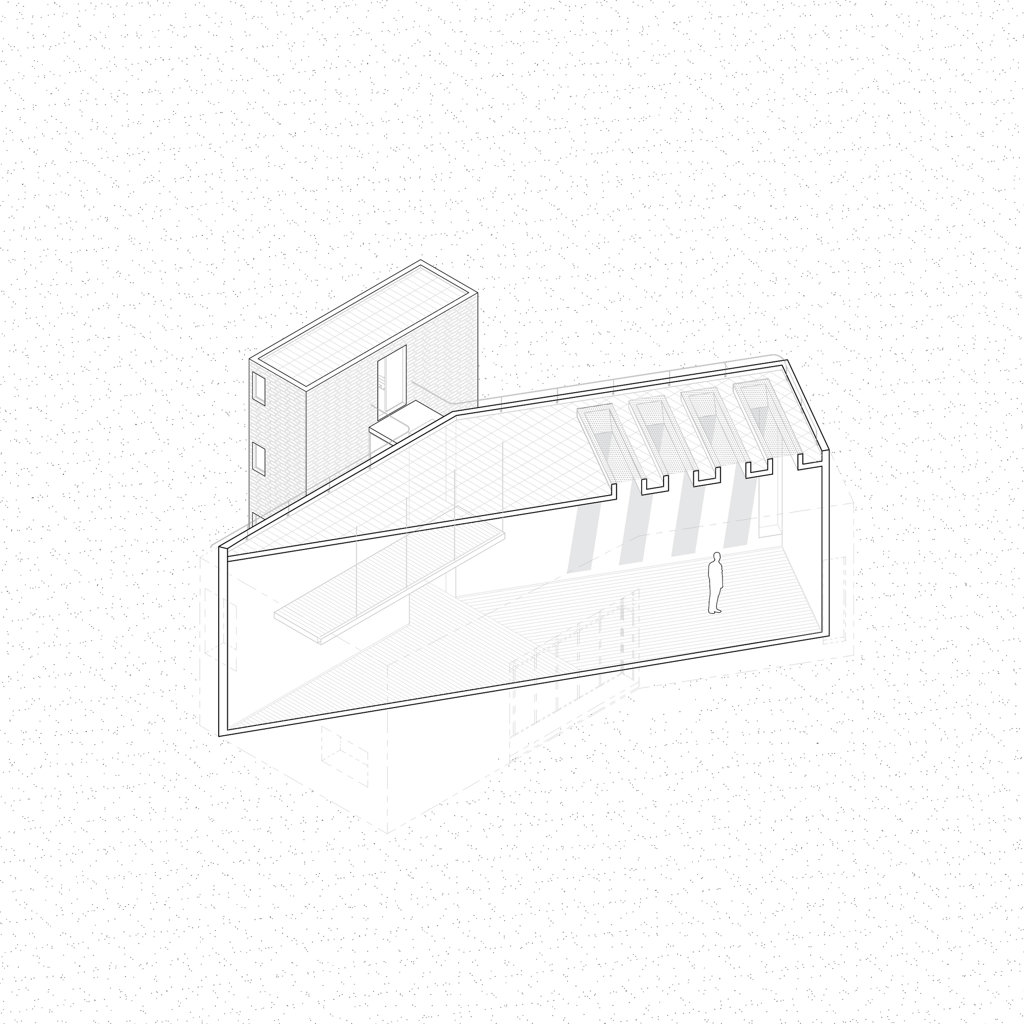 Axonometric drawing showing an angular courtyard space with clerestory openings and a figure below
