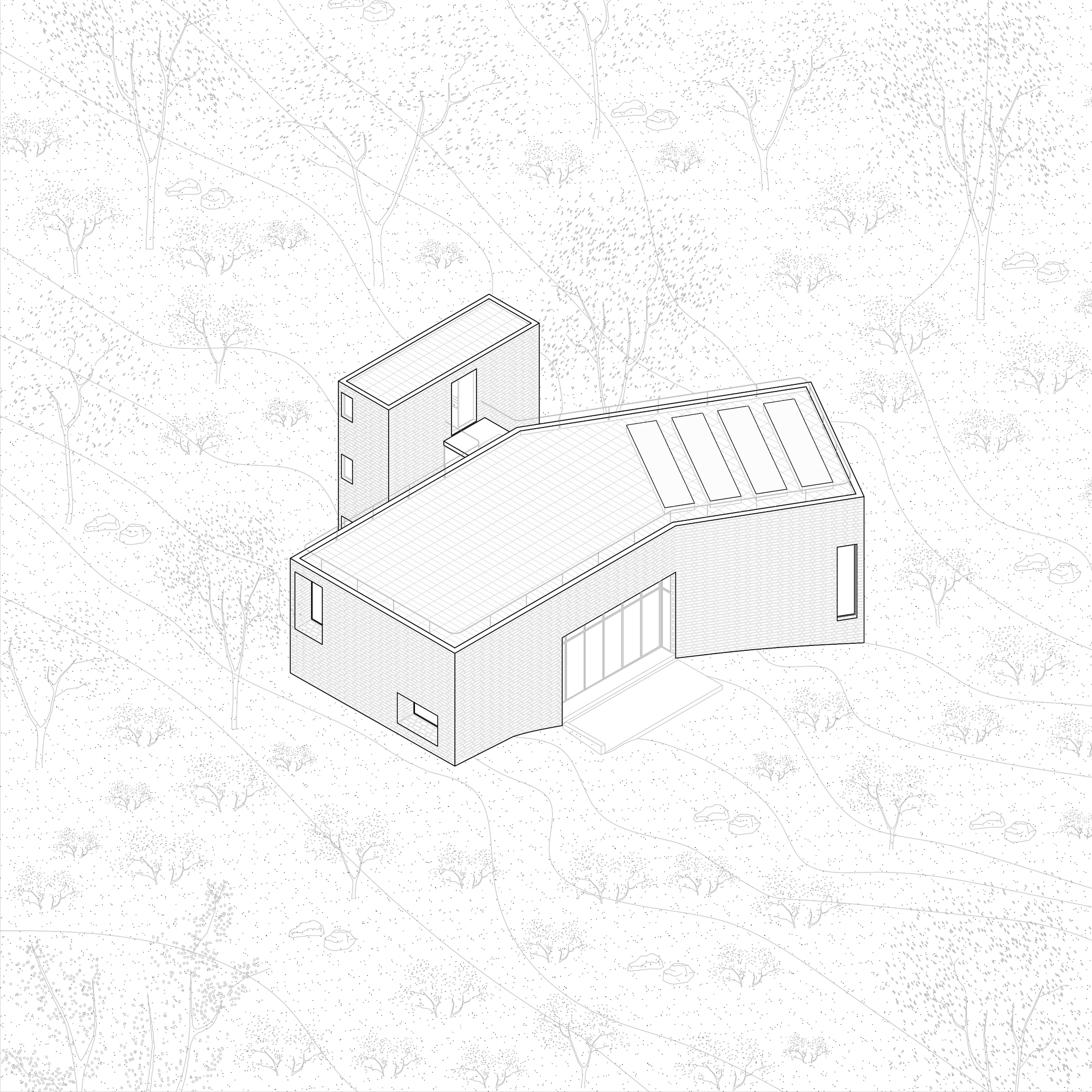 Axonometric drawing showing two connected volumes with skylights set in a wooded landscape