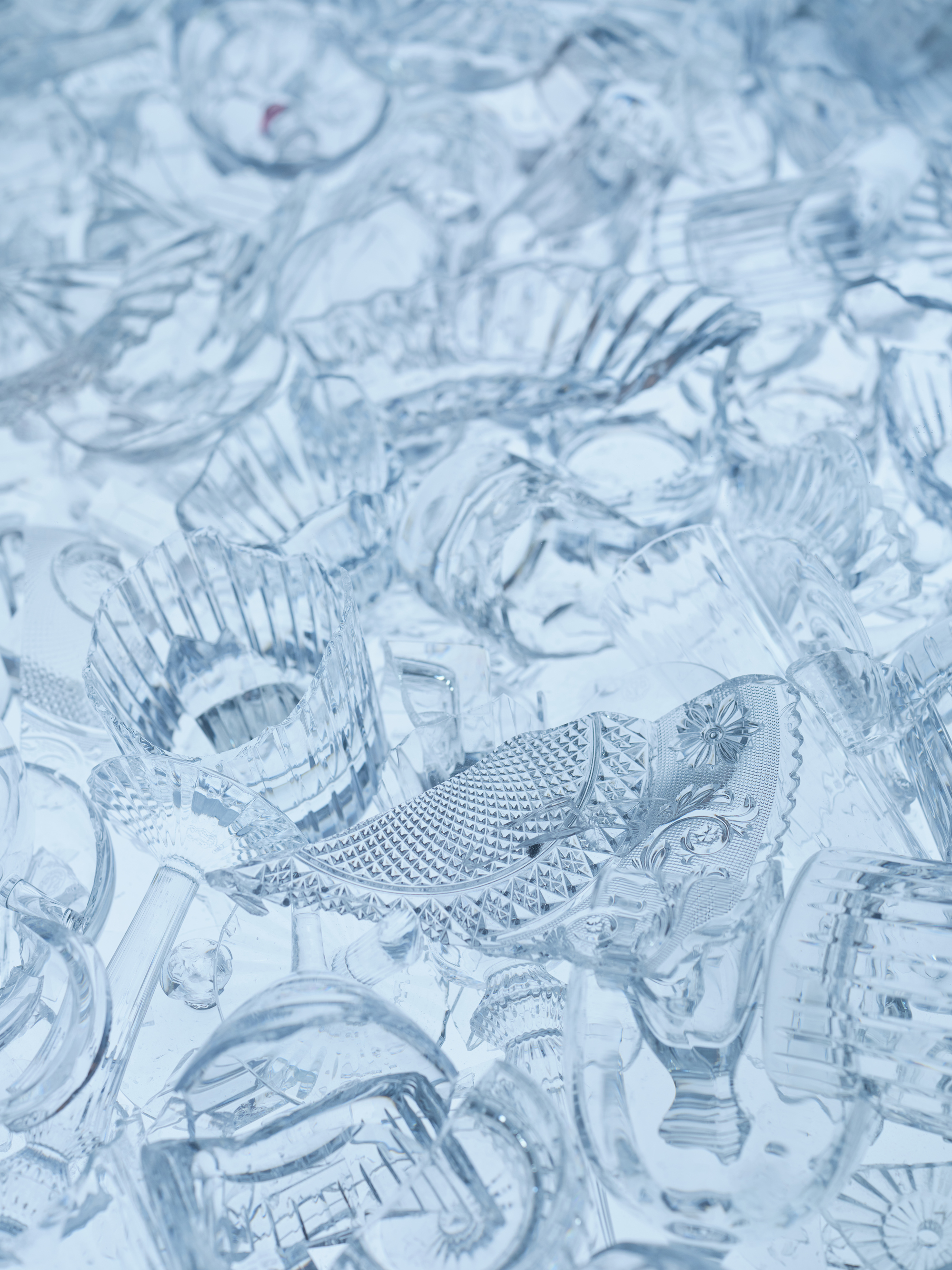 Macro view of cast glass relief showing fish and shell forms in translucent blue material