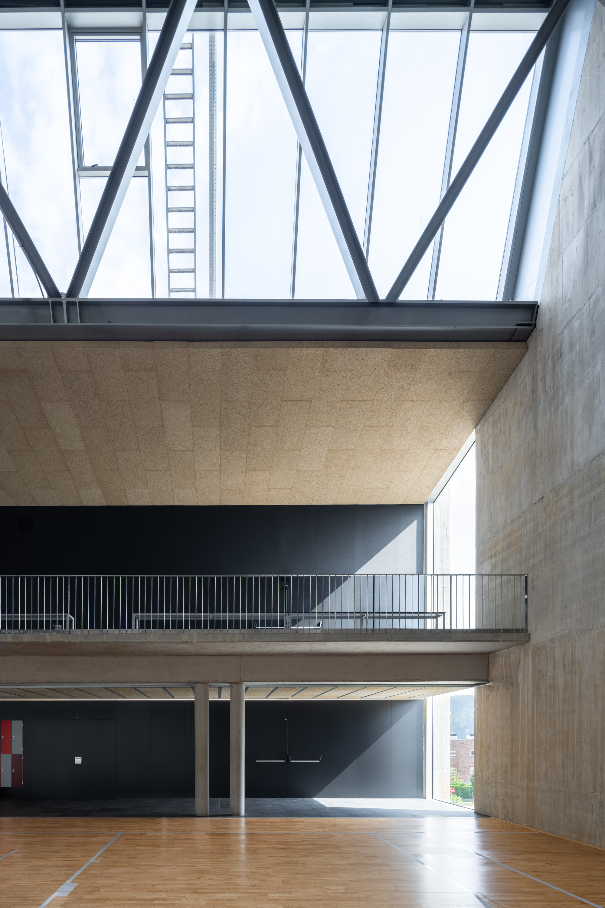 Timber sports hall with exposed concrete balcony and diagonal steel trusses overhead in natural light