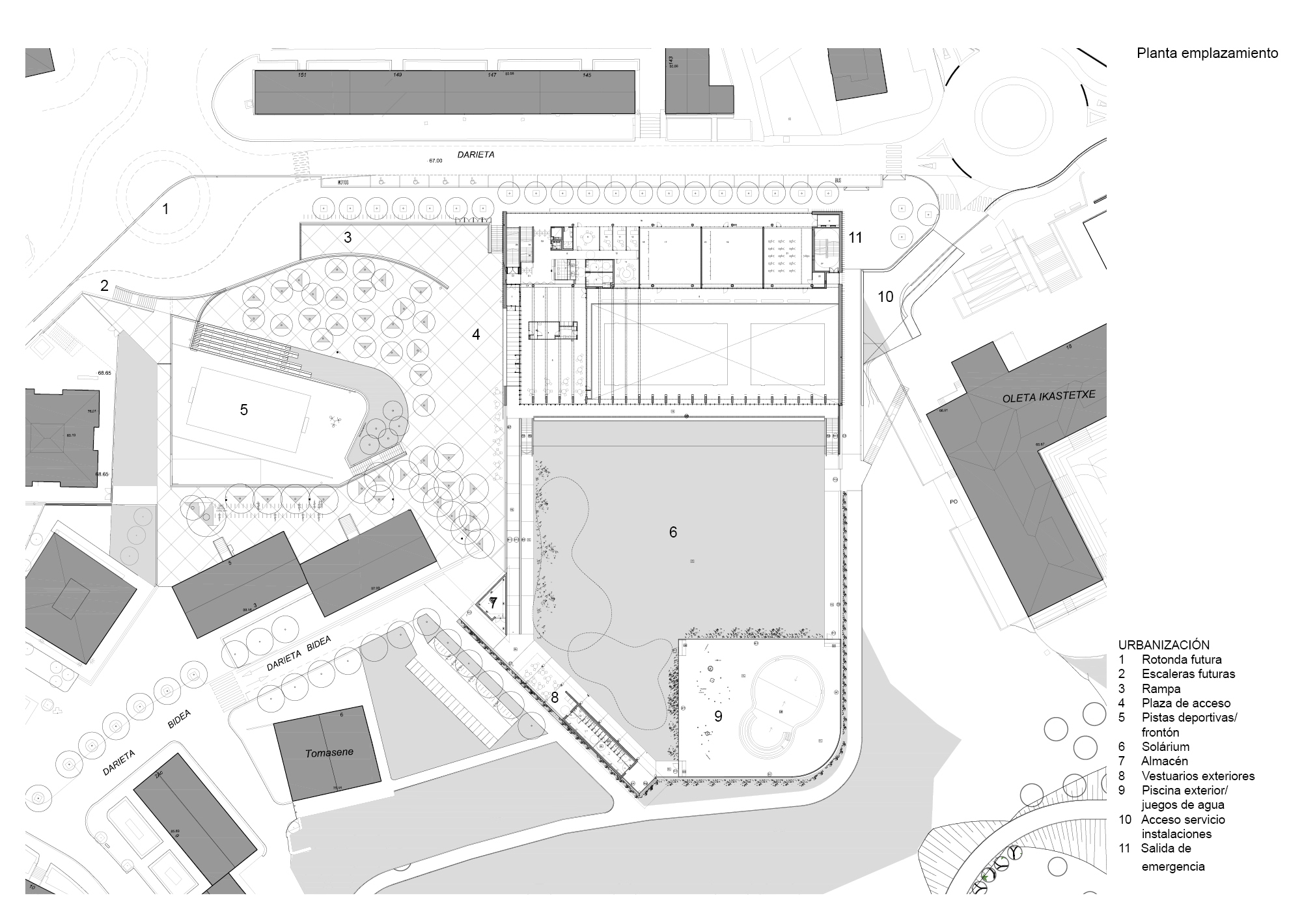 Ground floor site plan showing the building footprint with numbered zones and surrounding landscaped areas