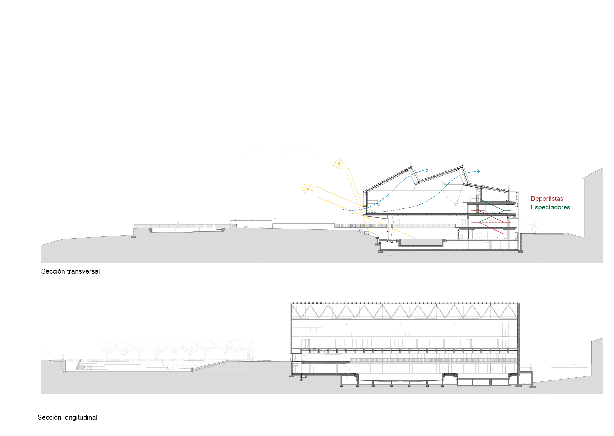 Section drawings showing transverse and longitudinal cuts through the sports hall with roof truss and raked seating