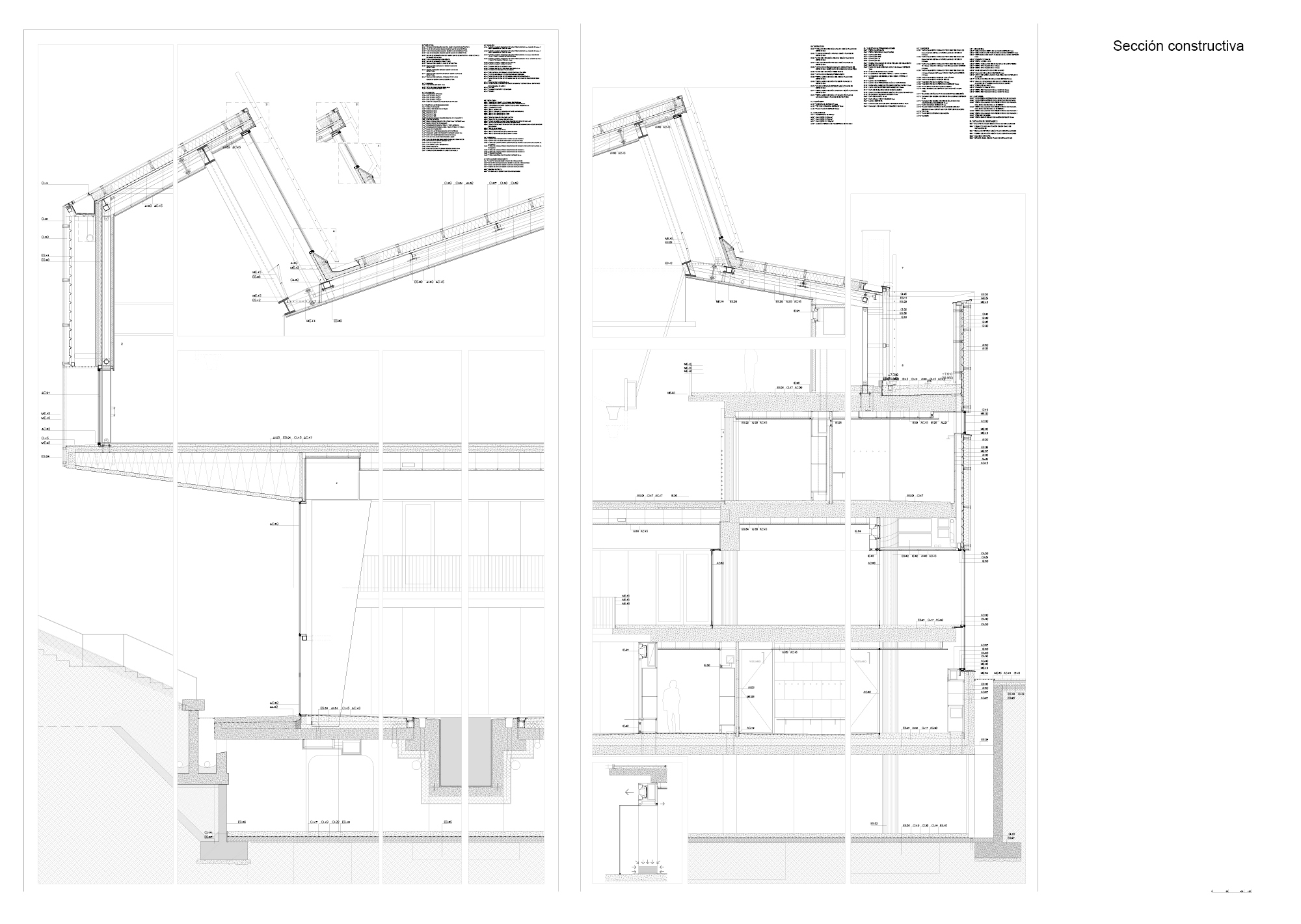 Construction section drawings showing roof assembly details and wall assemblies at various building junctions