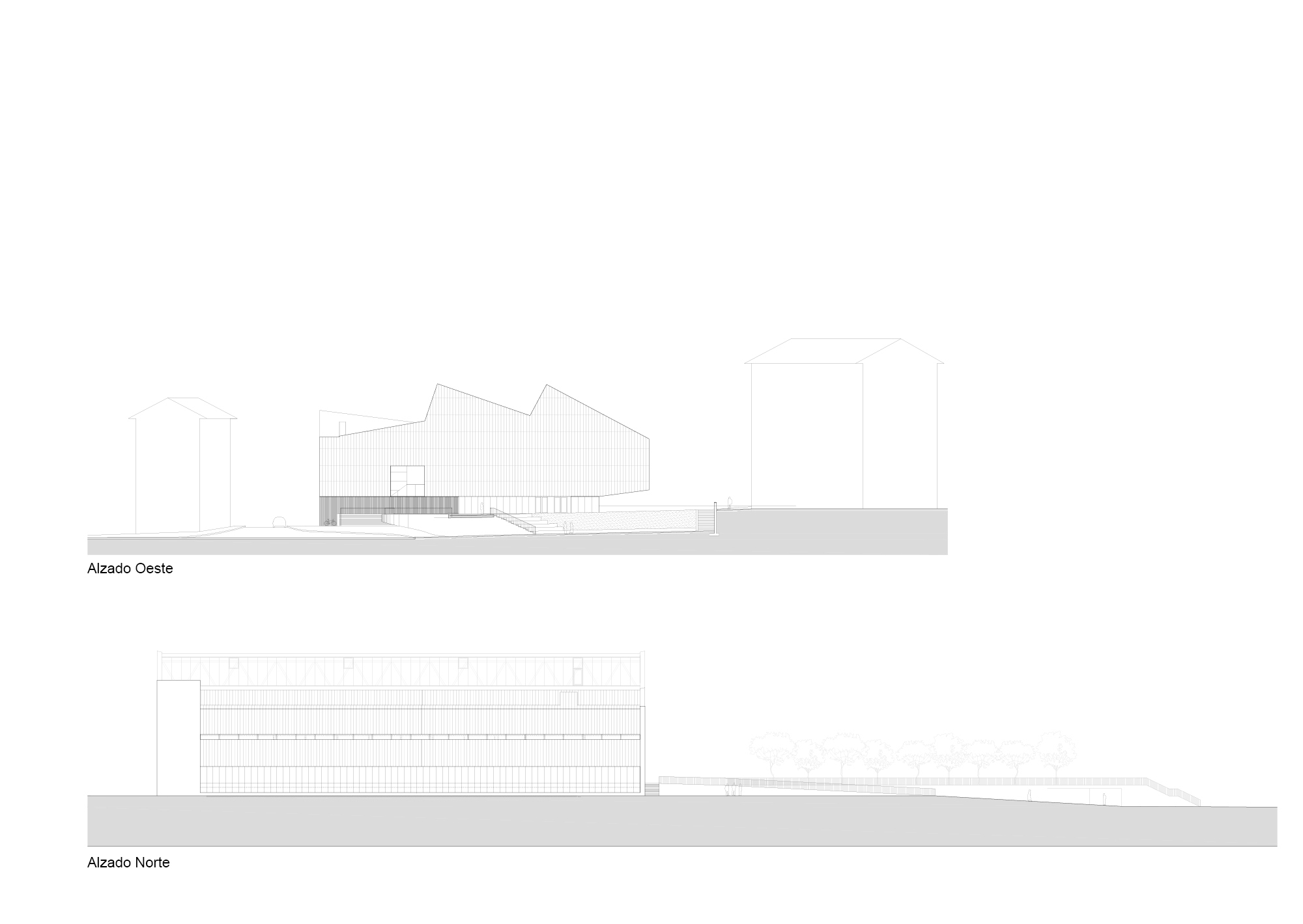 Elevation drawings showing the building volumes with adjacent structures in their site context