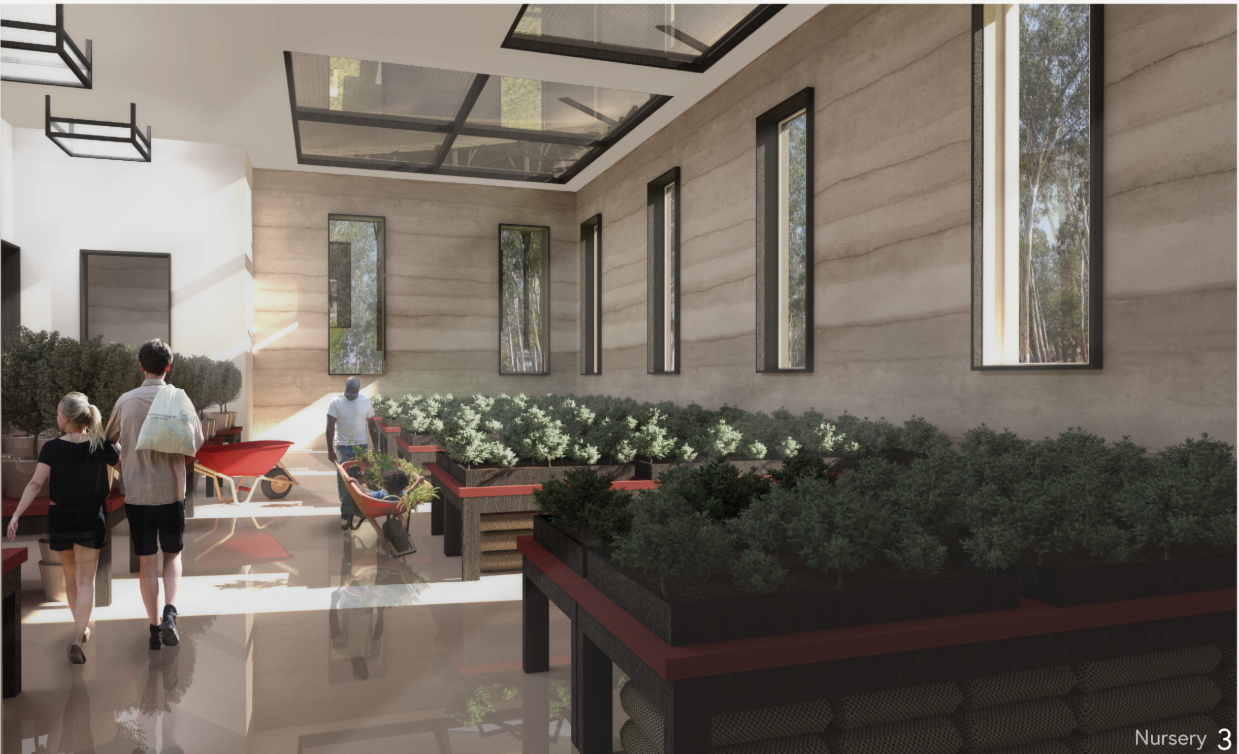 Nursery spaces support koala rehabilitation and eucalyptus regeneration through sustainable architectural design.