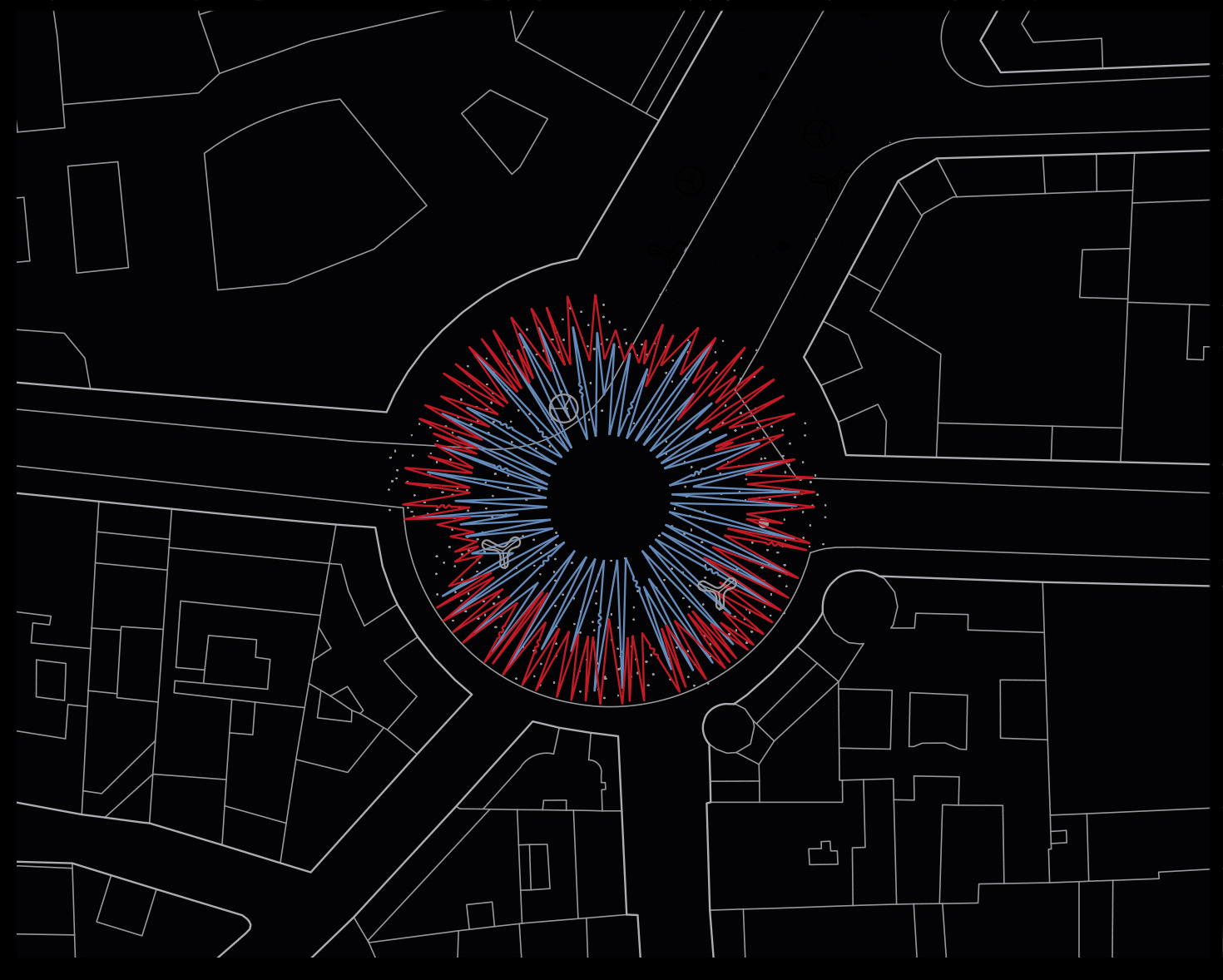 Site plan drawing showing radial light installation within a circular plaza surrounded by urban blocks and streets