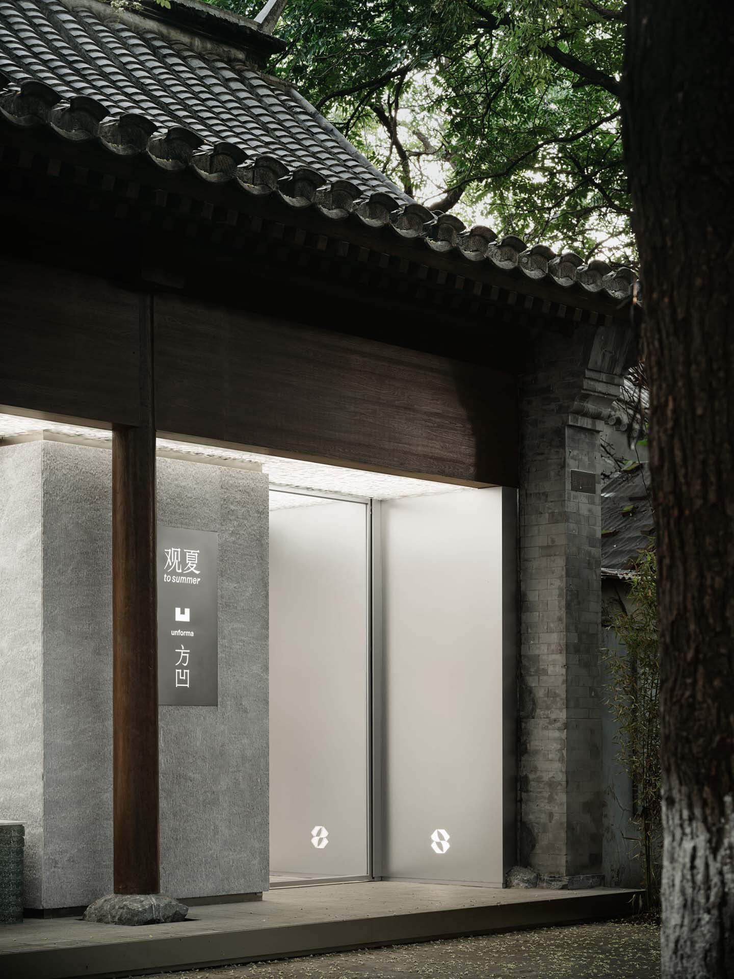 Entry facade with timber eaves and white pivot door beneath overhanging tiled roof and tree canopy