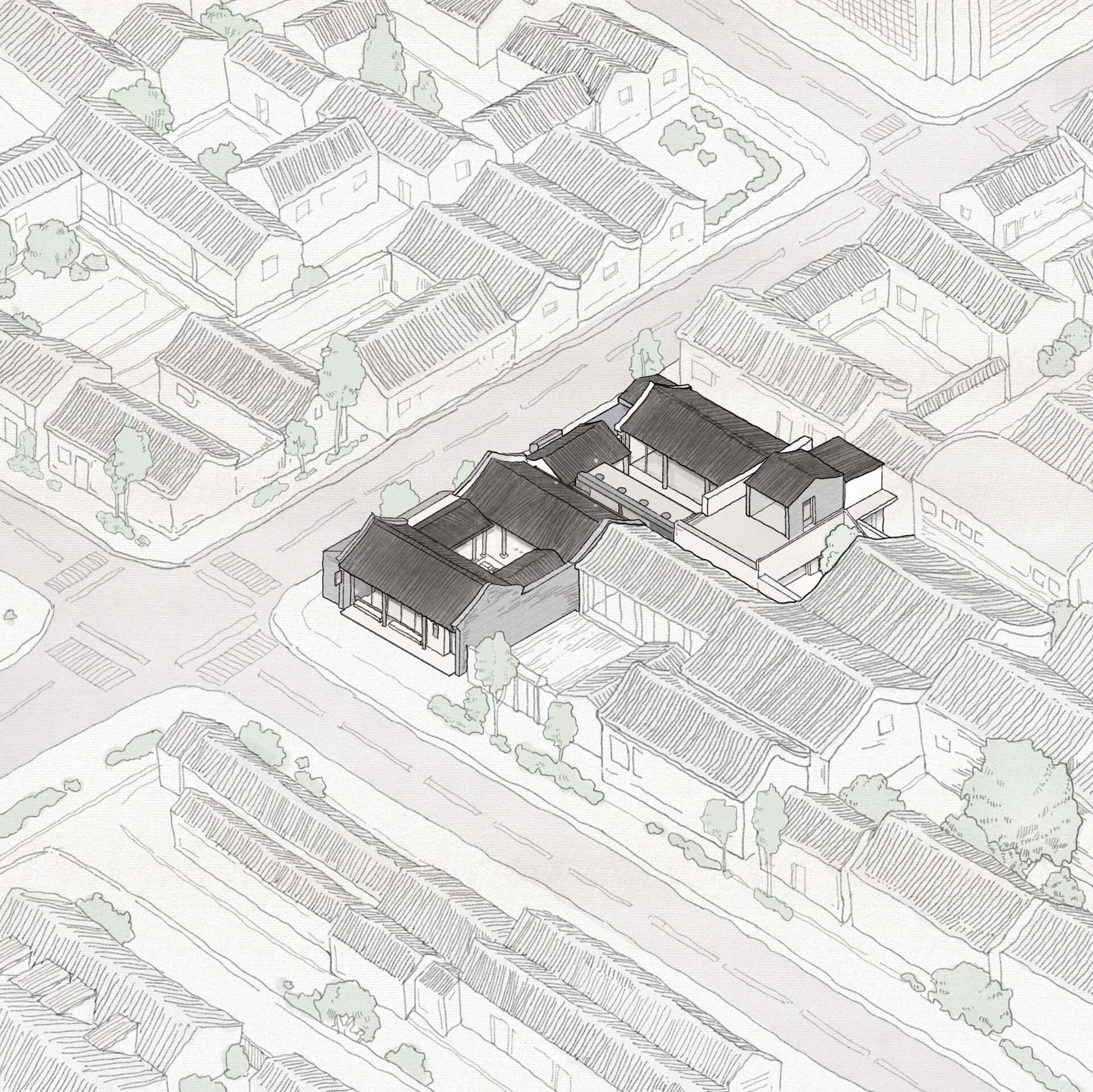 Axonometric drawing showing tiled roof volumes arranged around interior courtyards in a dense neighborhood fabric