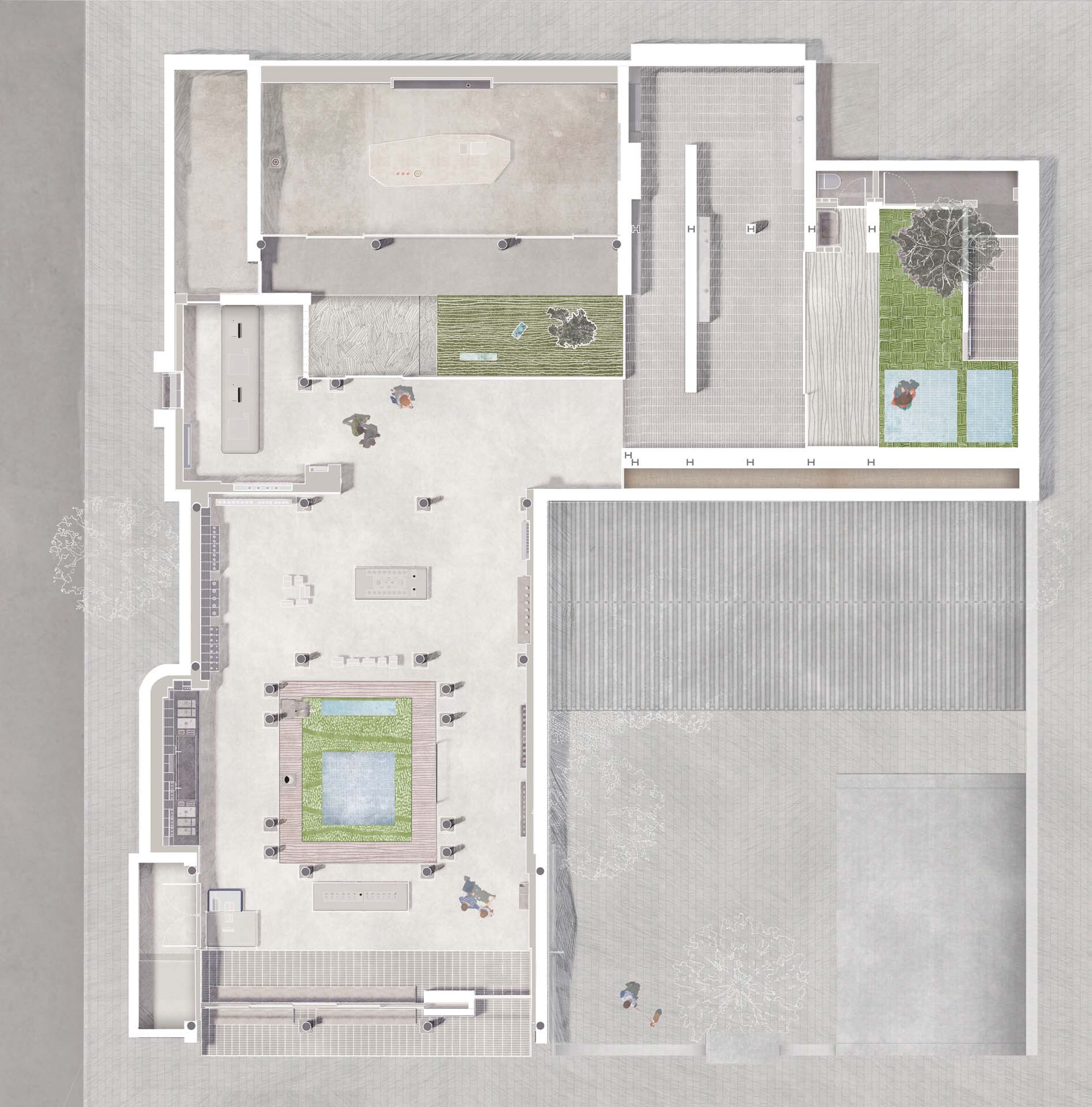 Floor plan drawing depicting L-shaped courtyard spaces with planted areas and pools surrounded by columns