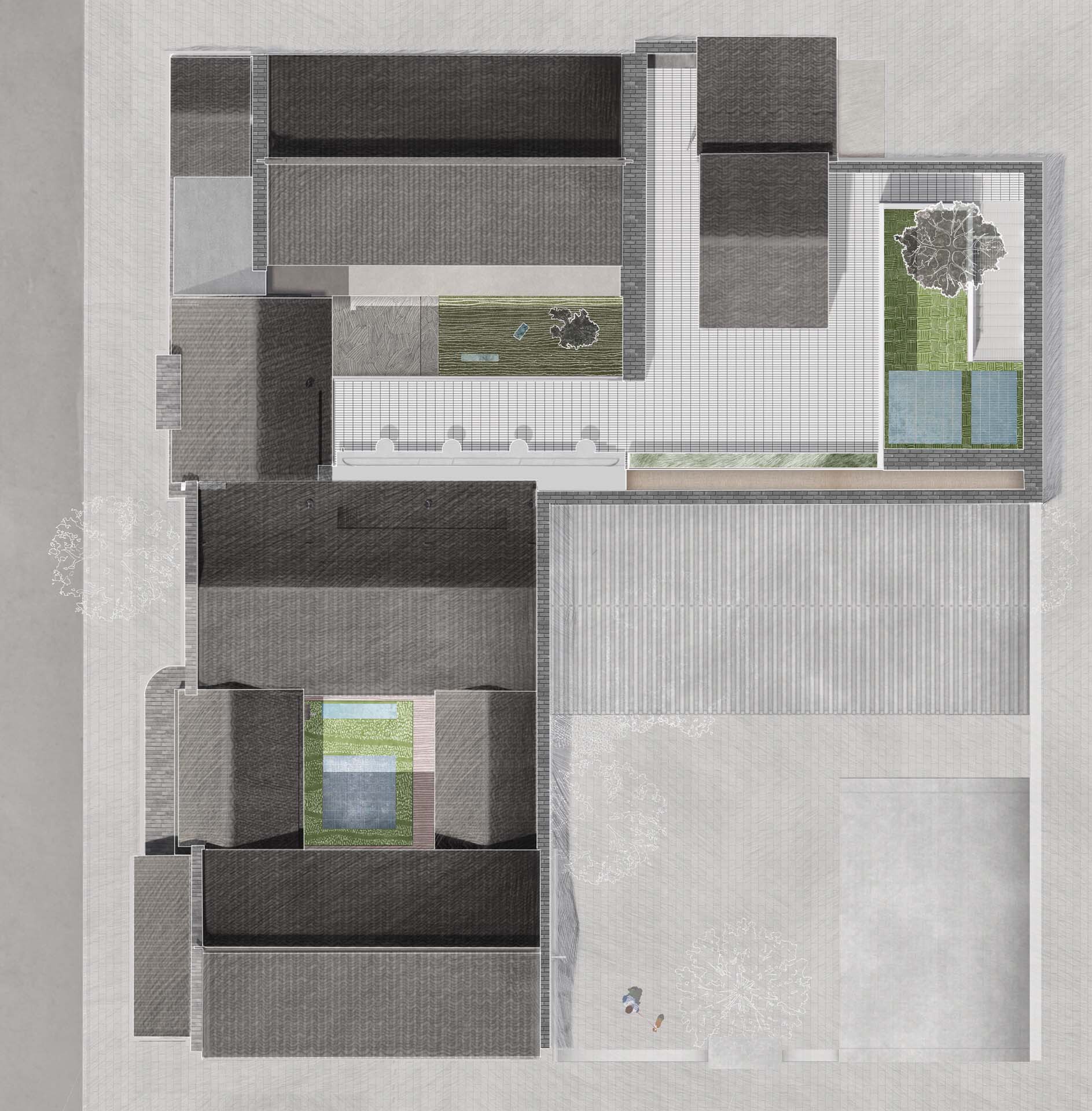 Roof plan drawing showing dark tiled surfaces organized around interior voids with trees and water features