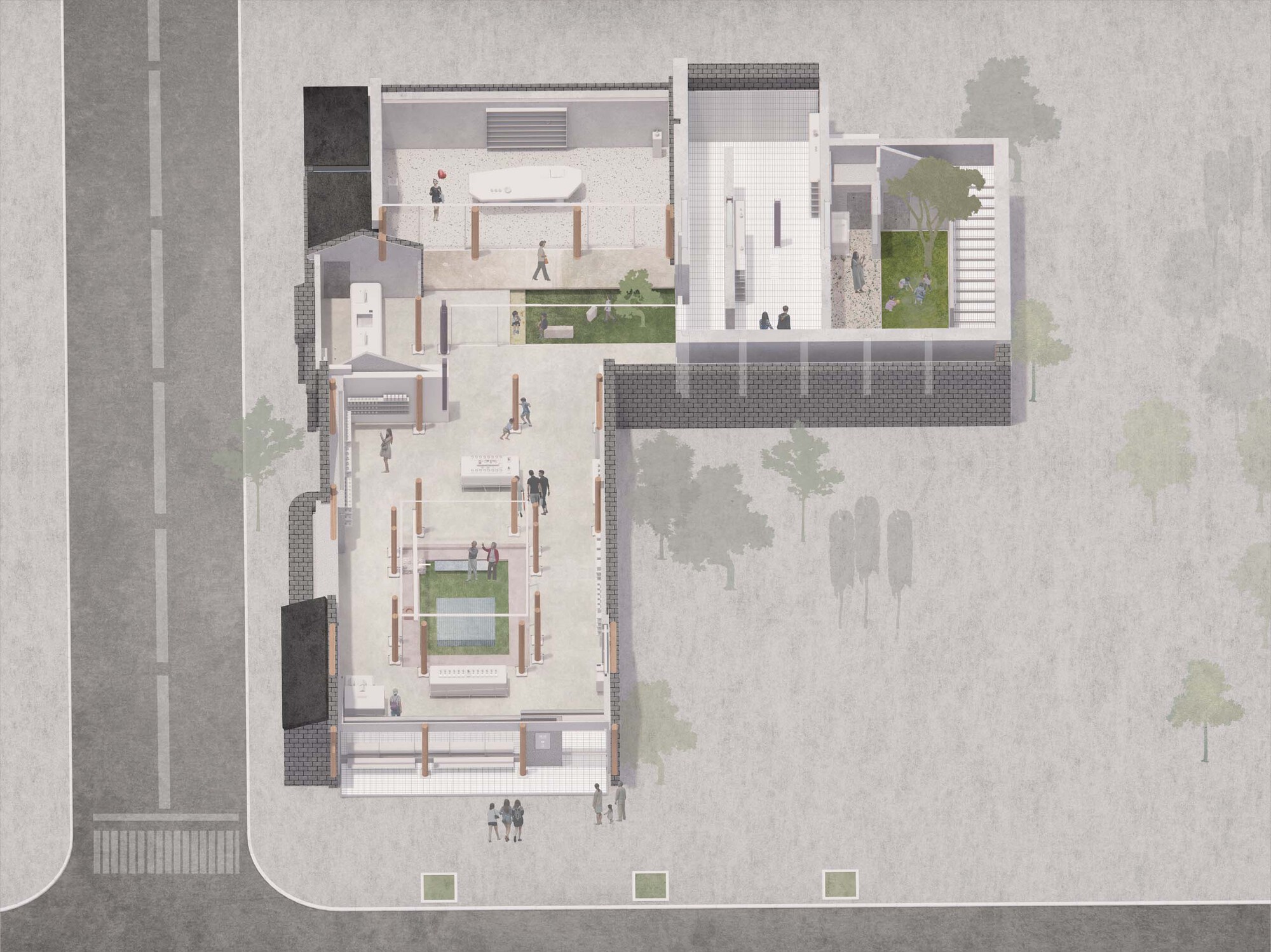 Aerial site plan drawing showing two adjoining buildings with courtyards, planted areas, and pedestrian circulation paths