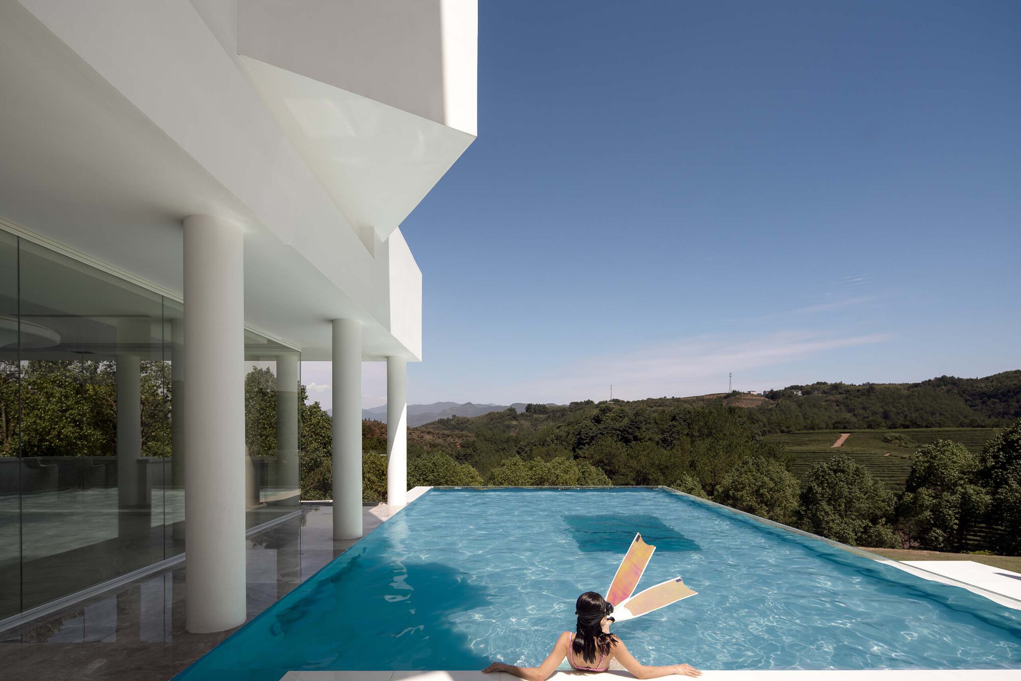 Infinity pool with swimmer overlooking terraced vineyards and forested hills beneath white cylindrical columns