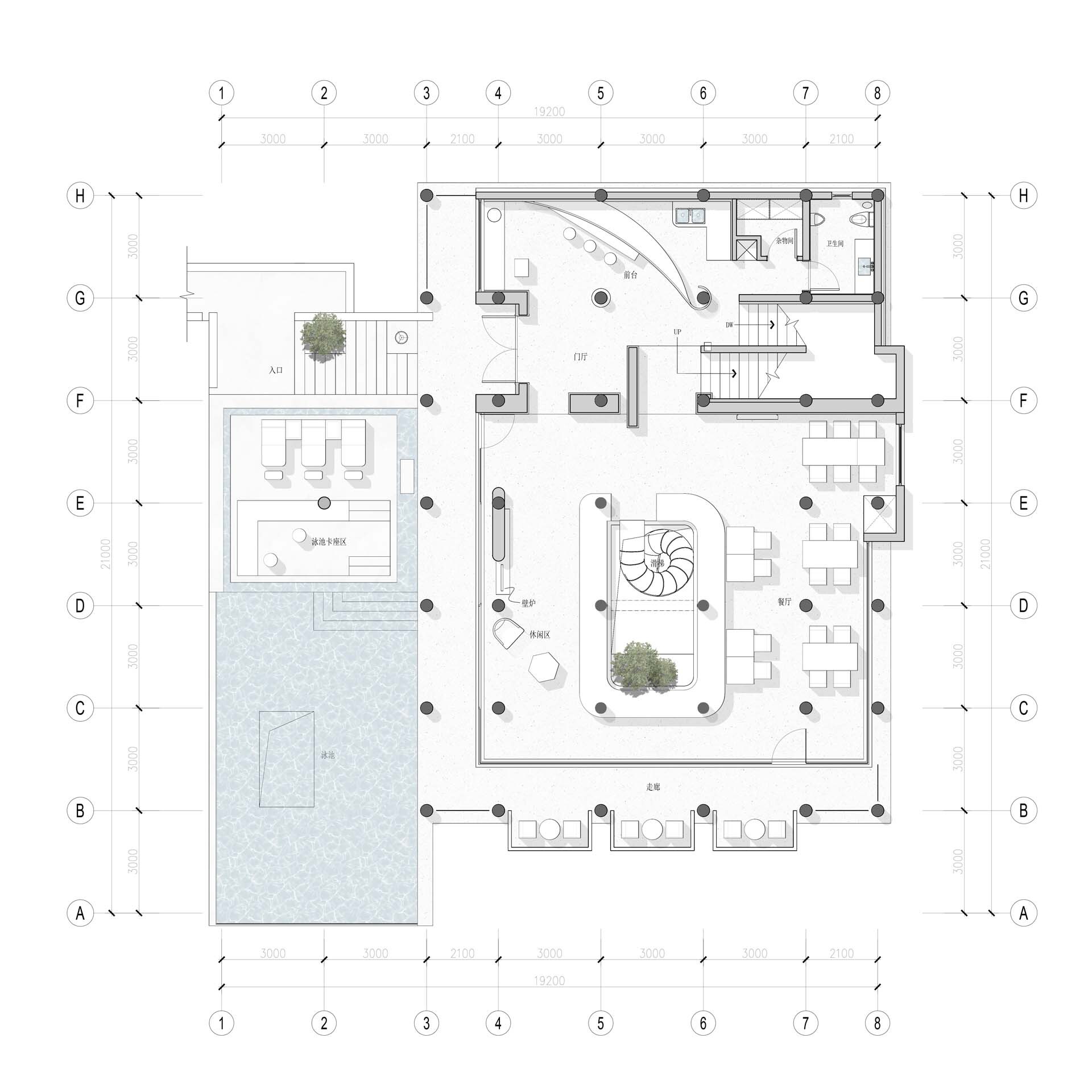 Floor plan drawing showing living spaces arranged around central spiral stair and pool terrace
