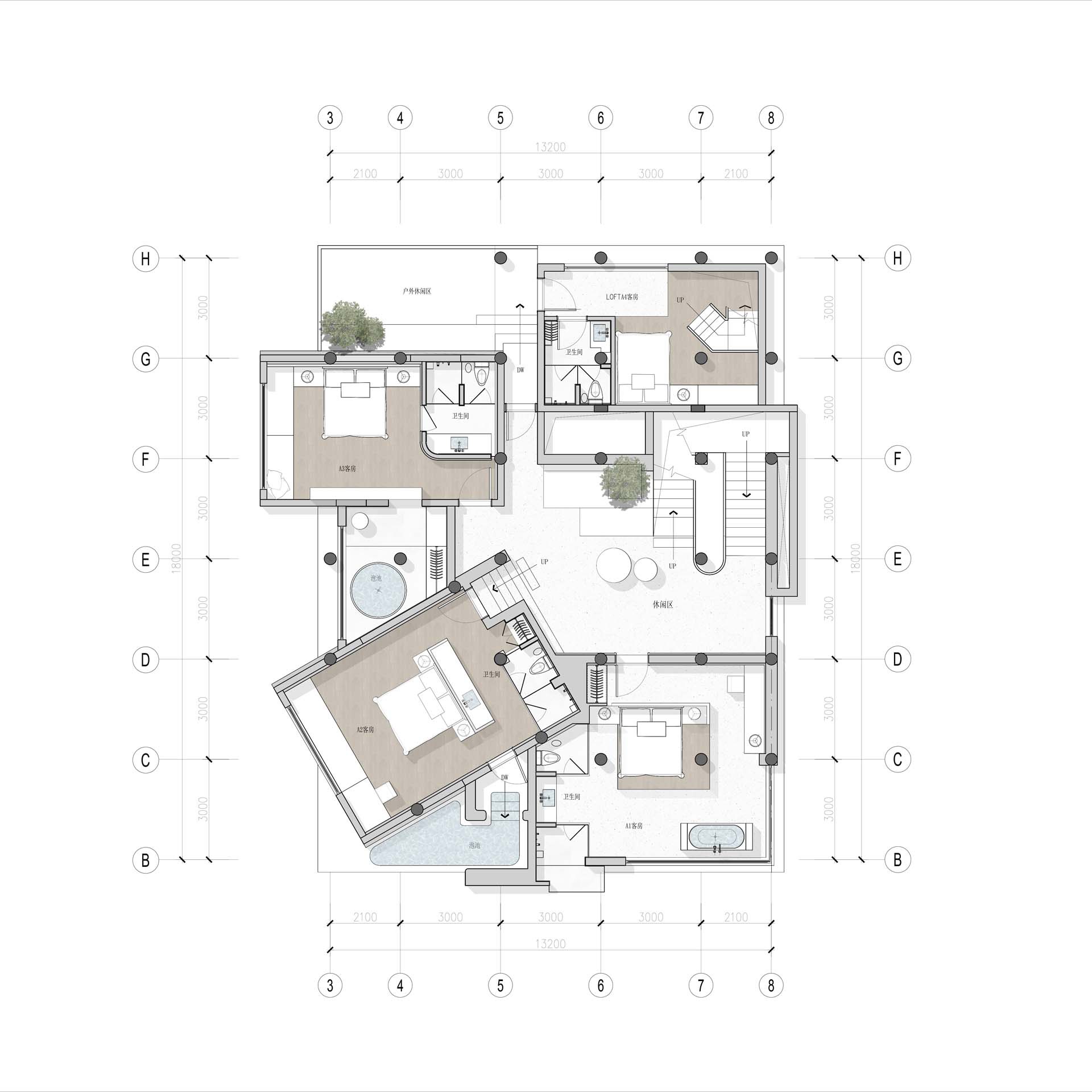 Floor plan drawing showing an angled living and dining volume with courtyards and planted trees
