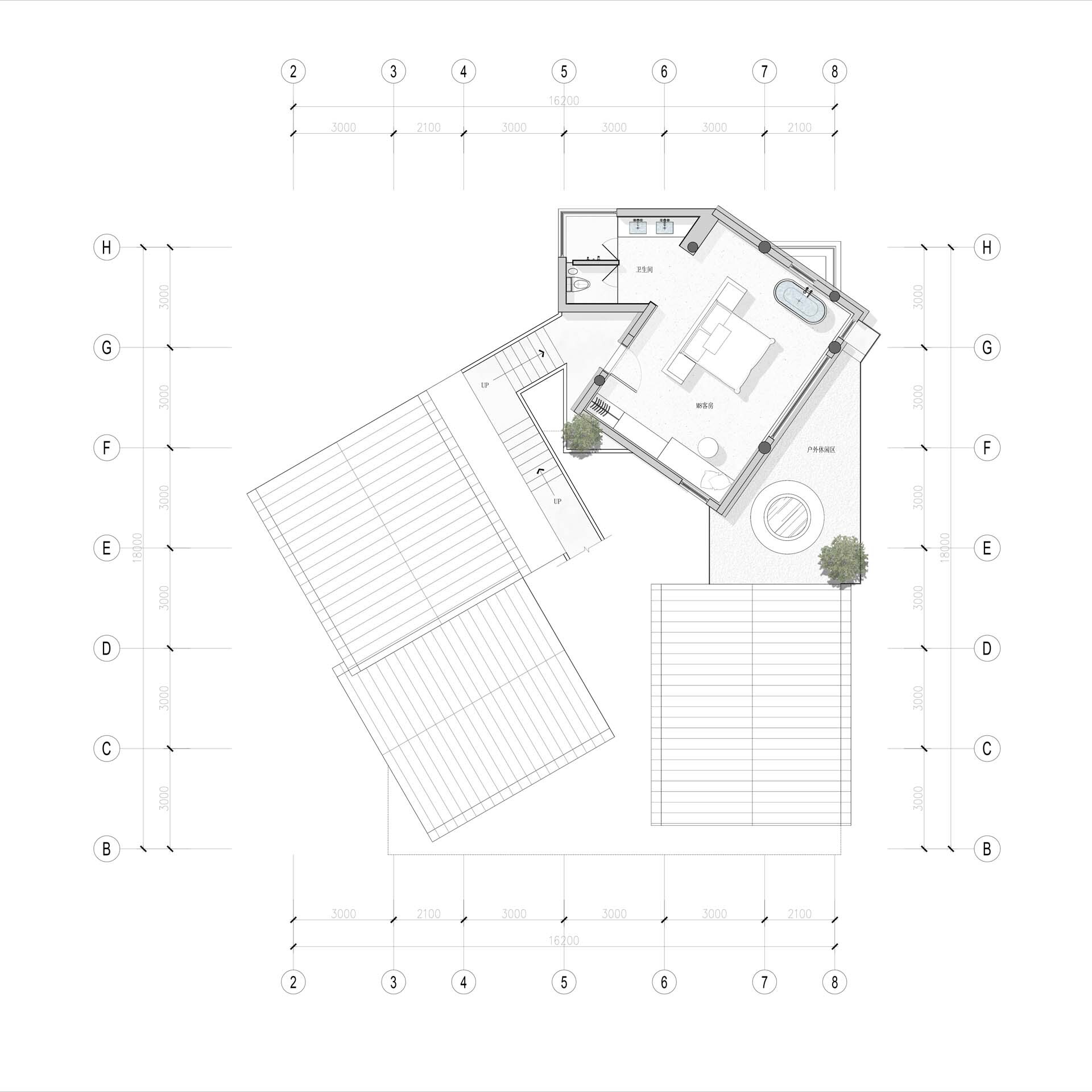 Roof plan drawing showing angled deck areas with a circular feature and tree symbols