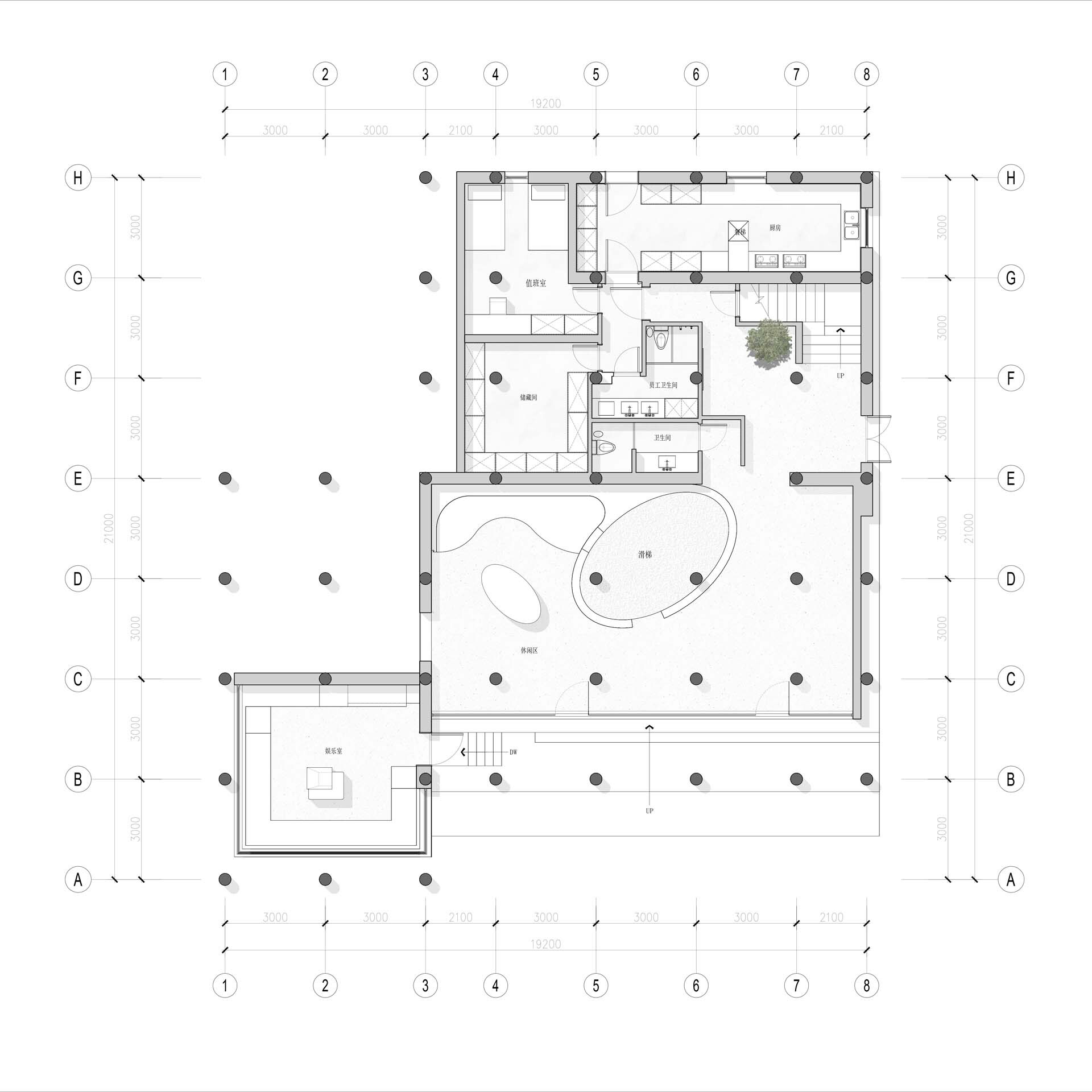 Ground floor plan drawing showing an organic pool form and kitchen beneath a gridded structural system