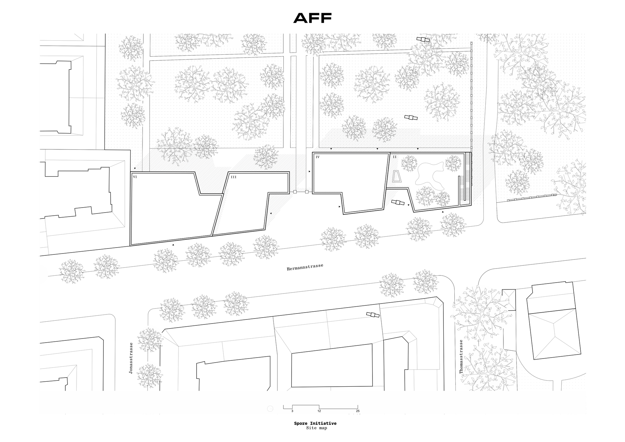 Site plan drawing showing building footprints, surrounding streets, and tree canopy symbols