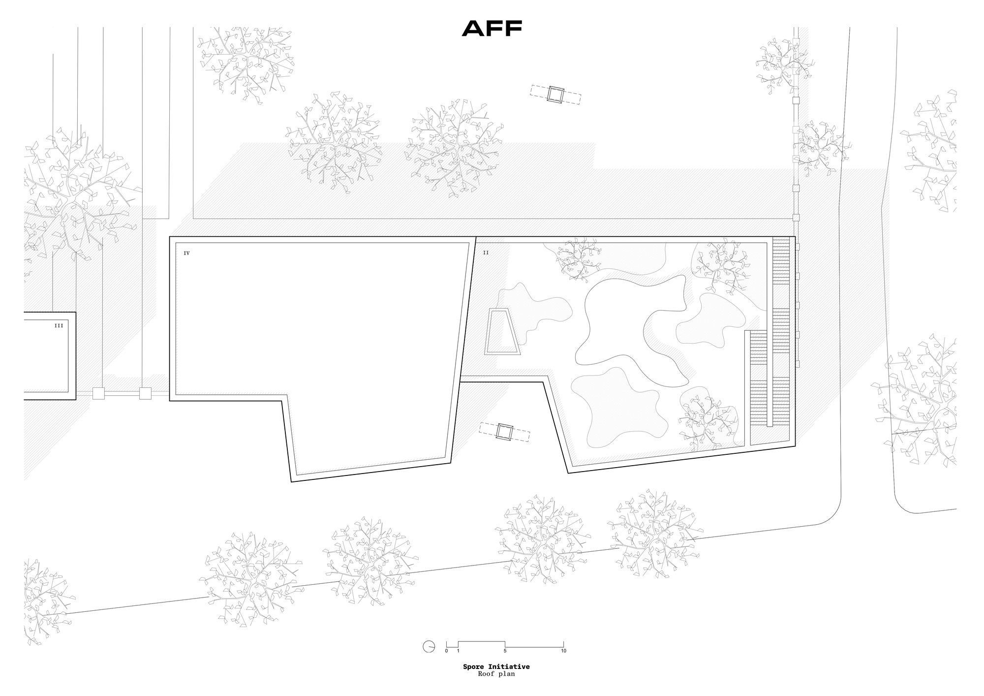 Ground floor plan drawing depicting two volumes with courtyard spaces and landscape elements