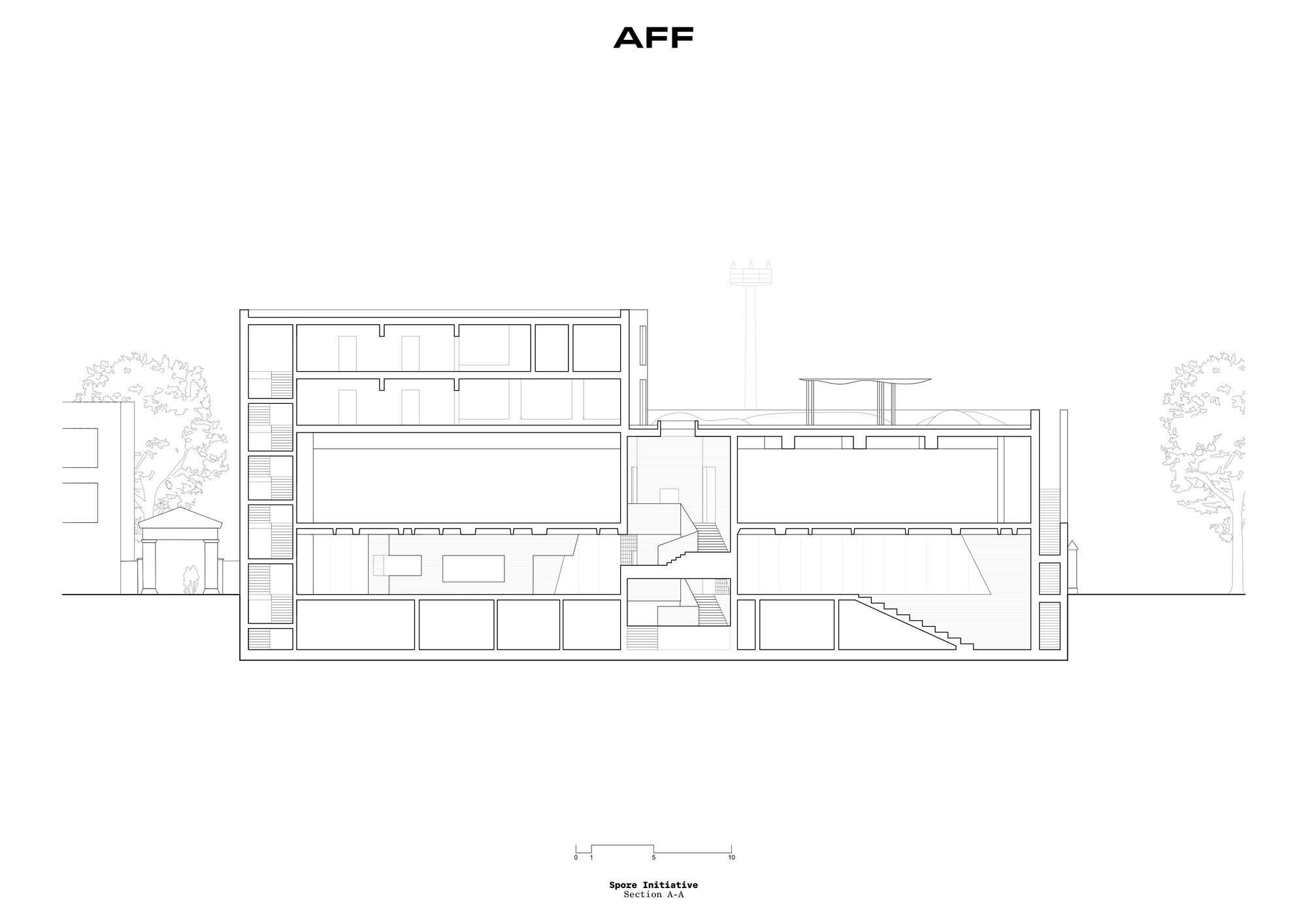 Section drawing showing a multi-level building with interior stairs and adjacent trees