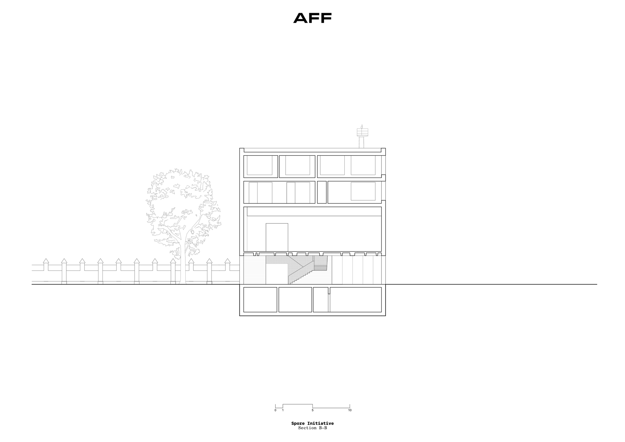 Elevation drawing of a four-story building with gridded windows and a tree alongside