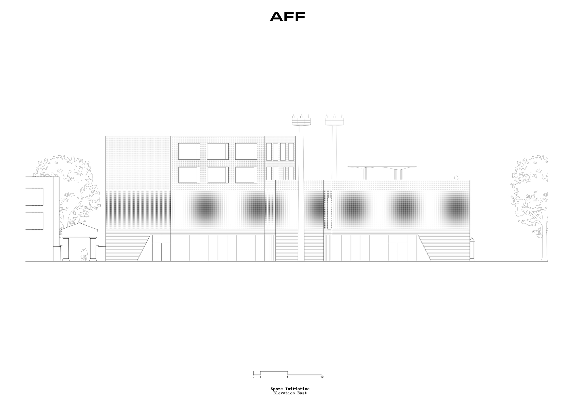 Elevation drawing showing the facade with square windows and horizontal banding patterns