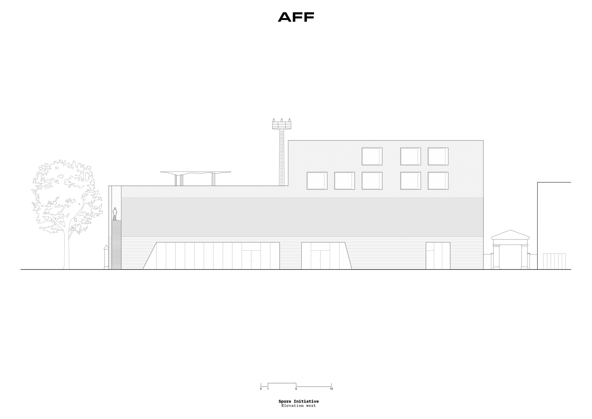 Elevation drawing of the street-facing side with clustered square windows and entry door