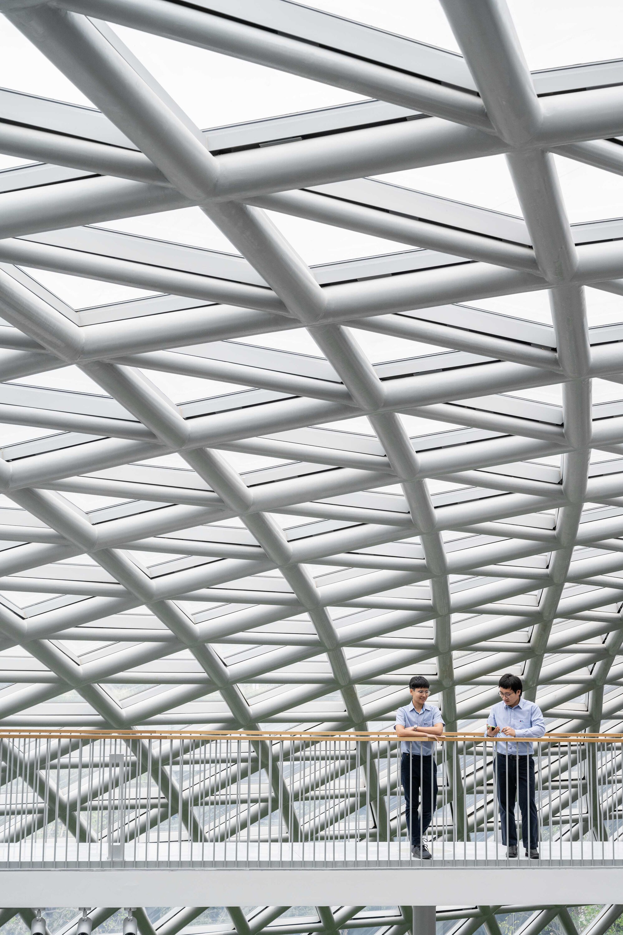 Two figures on a bridge beneath a curving diagrid steel roof canopy