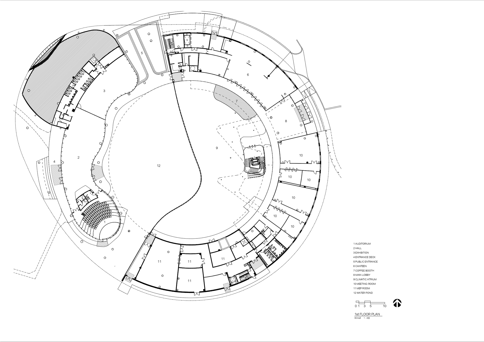 Floor plan drawing of the circular building with curved programmatic zones and a central courtyard