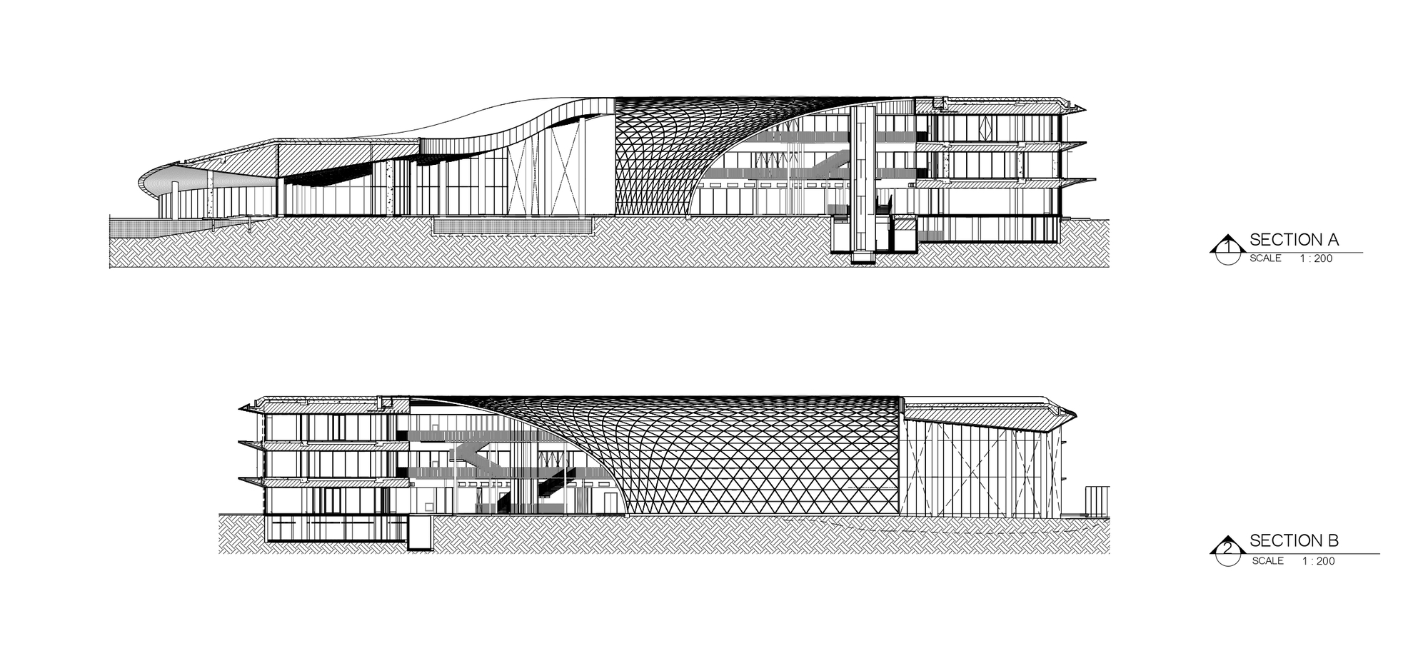 Section drawings revealing interior spaces beneath the flowing roof and a patterned lattice ceiling structure